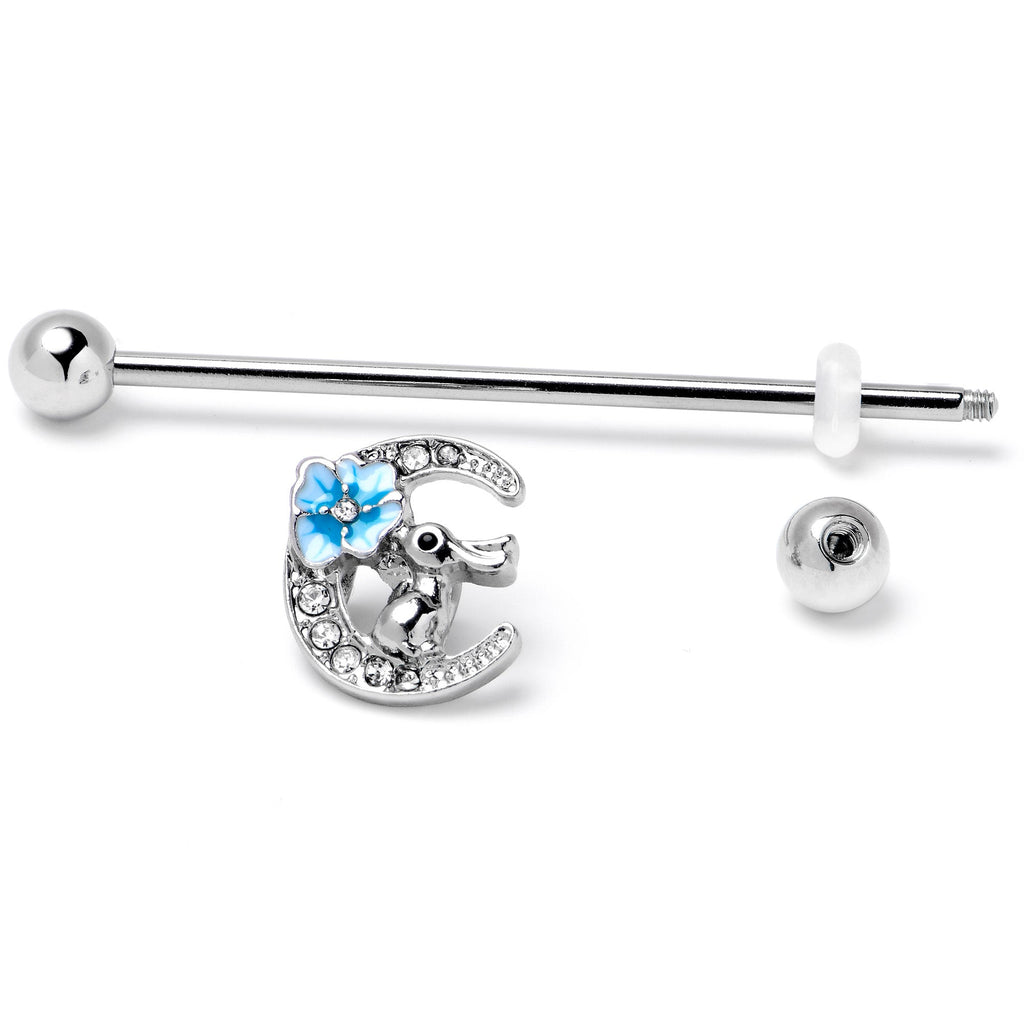 BodyCandy 14G Clear Gem Rabbit On Moon Flower Blue Industrial Barbell 38mm — back view
