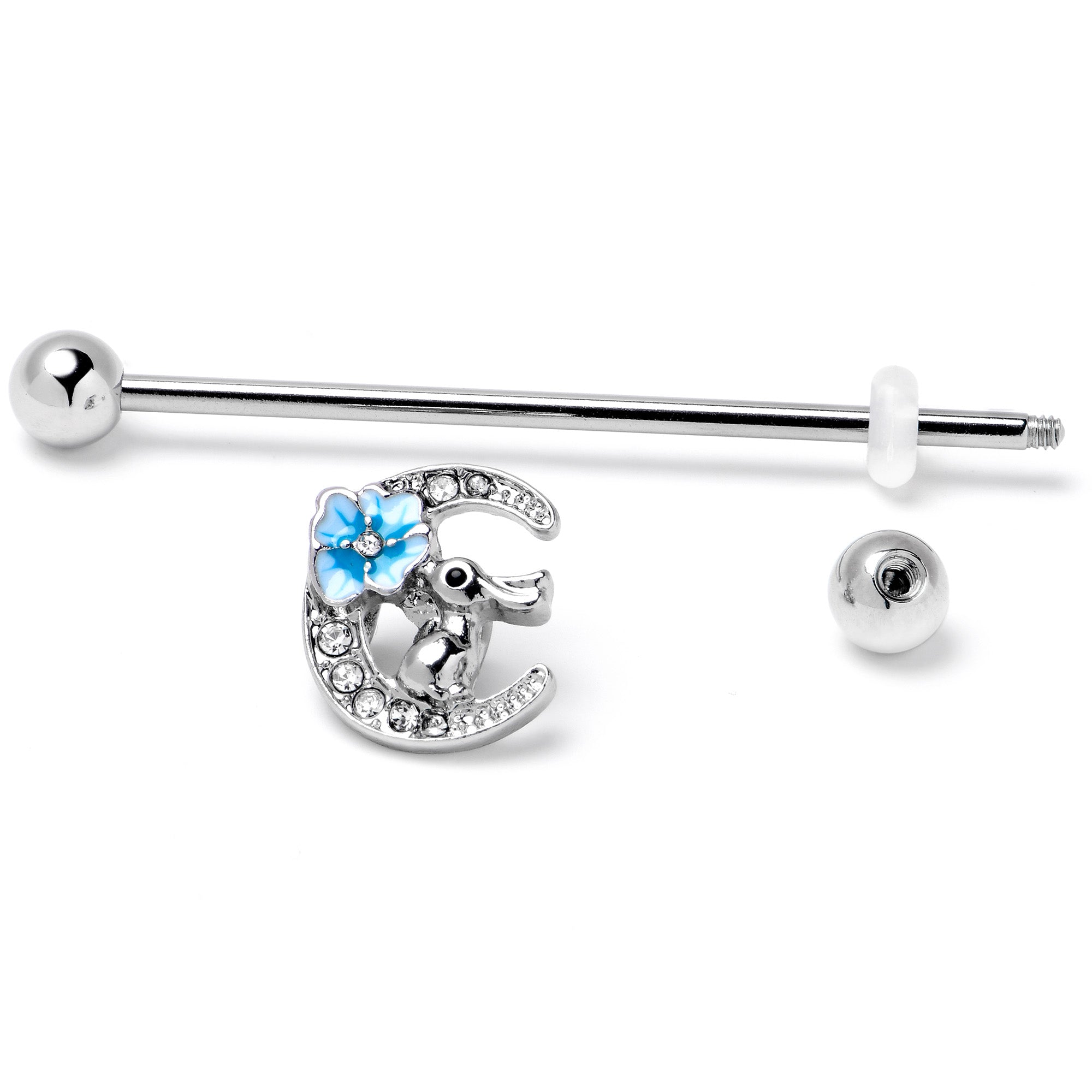BodyCandy 14G Clear Gem Rabbit On Moon Flower Blue Industrial Barbell 38mm — back view