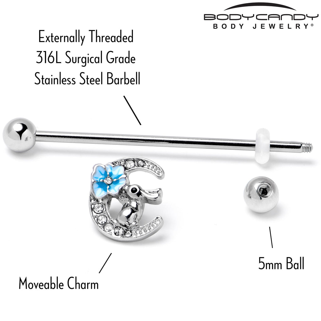 BodyCandy 14G Clear Gem Rabbit On Moon Flower Blue Industrial Barbell 38mm — alternative angle