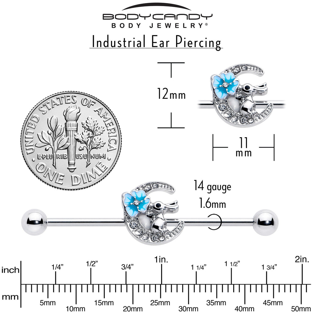 BodyCandy 14G Clear Gem Rabbit On Moon Flower Blue Industrial Barbell 38mm — in-use photo