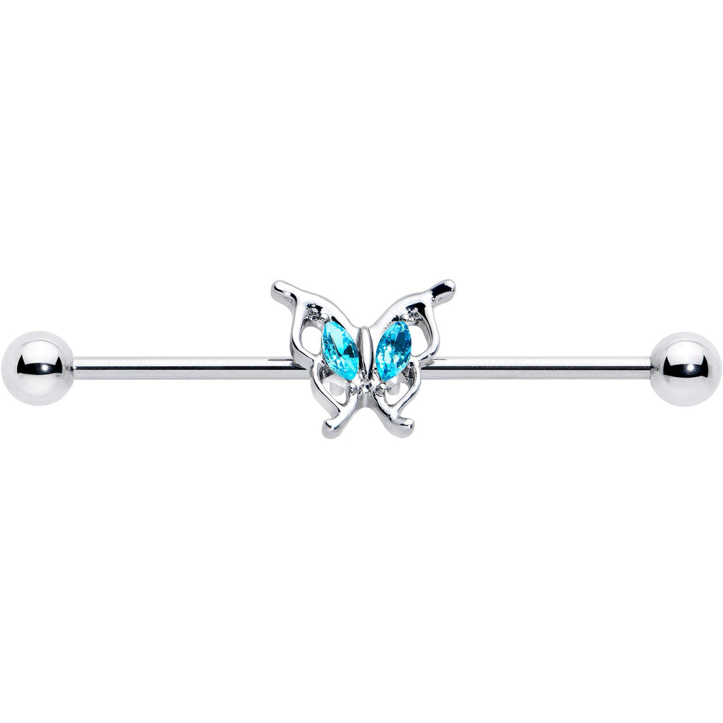 BodyCandy 14G Blue Gem Fancy Fab Butterfly Industrial Barbell 38mm — detail close-up