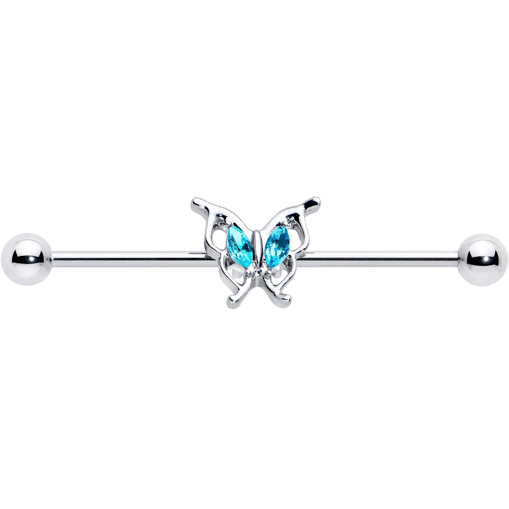 BodyCandy 14G Blue Gem Fancy Fab Butterfly Industrial Barbell 38mm — detail close-up