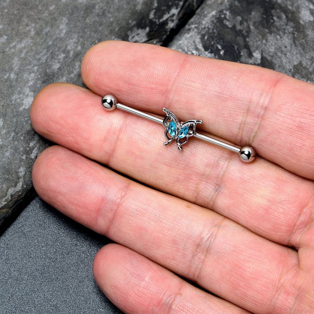 BodyCandy 14G Blue Gem Fancy Fab Butterfly Industrial Barbell 38mm — lifestyle context