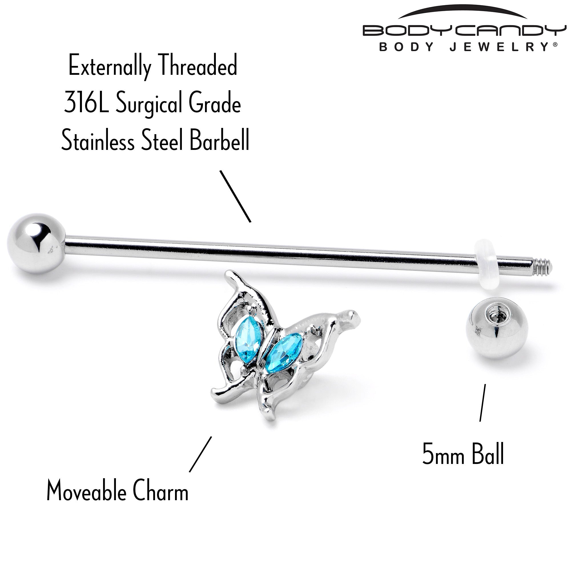 BodyCandy 14G Blue Gem Fancy Fab Butterfly Industrial Barbell 38mm — alternative angle
