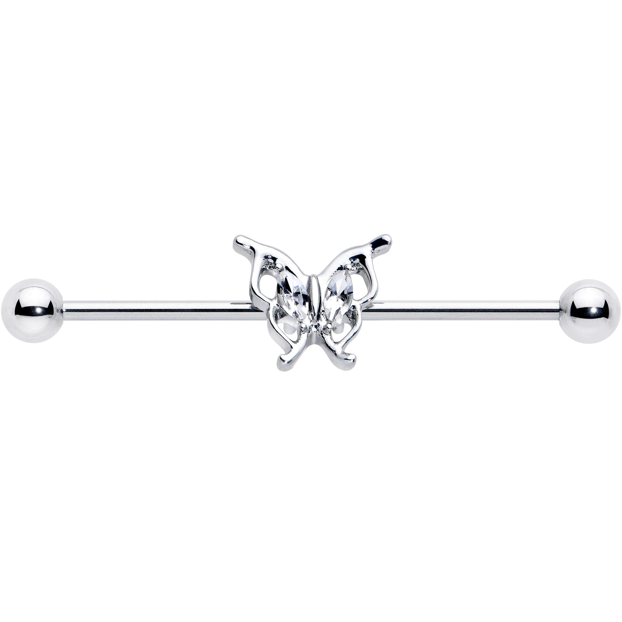 BodyCandy 14G Clear Gem Fancy Fab Butterfly Industrial Barbell 38mm — detail close-up