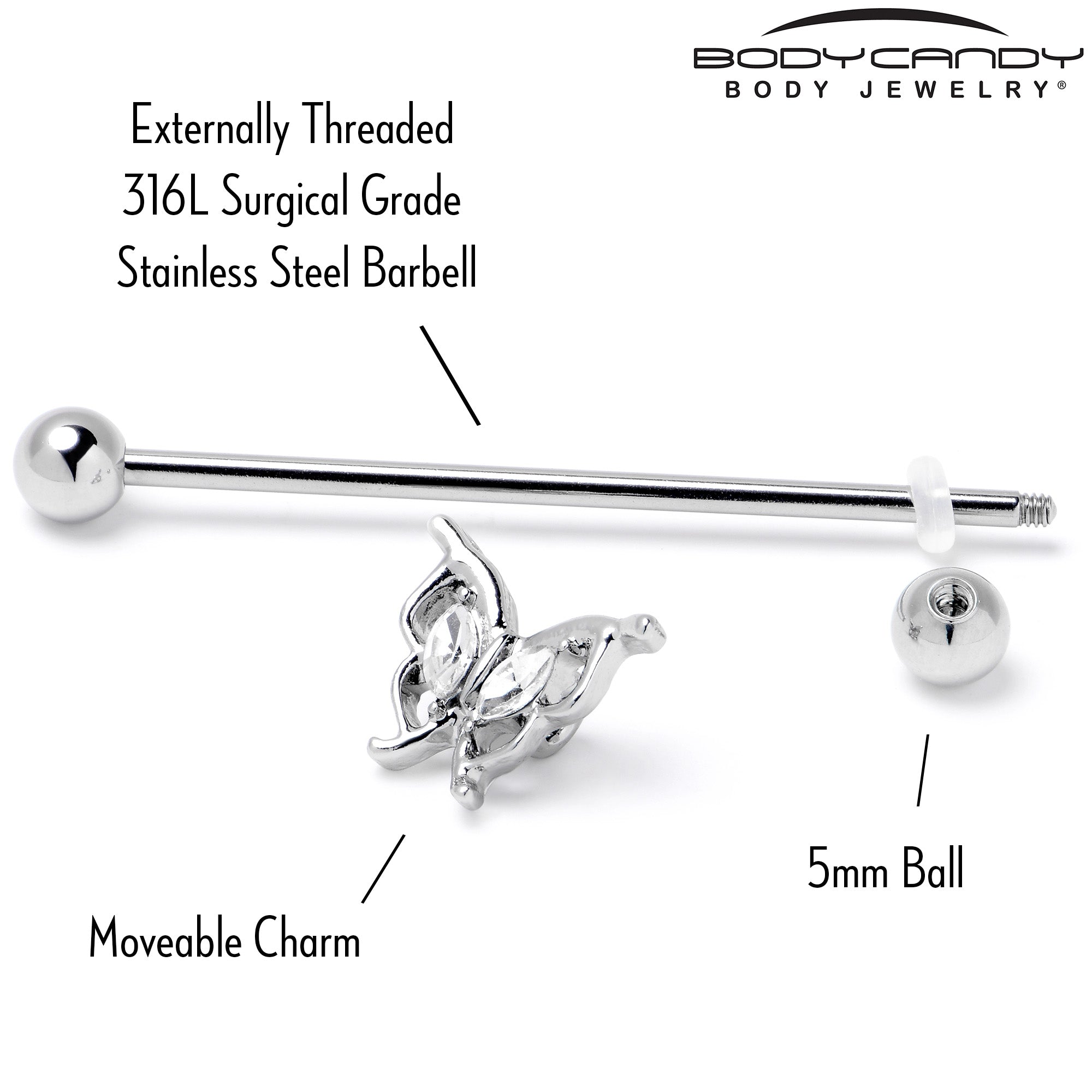 BodyCandy 14G Clear Gem Fancy Fab Butterfly Industrial Barbell 38mm — alternative angle