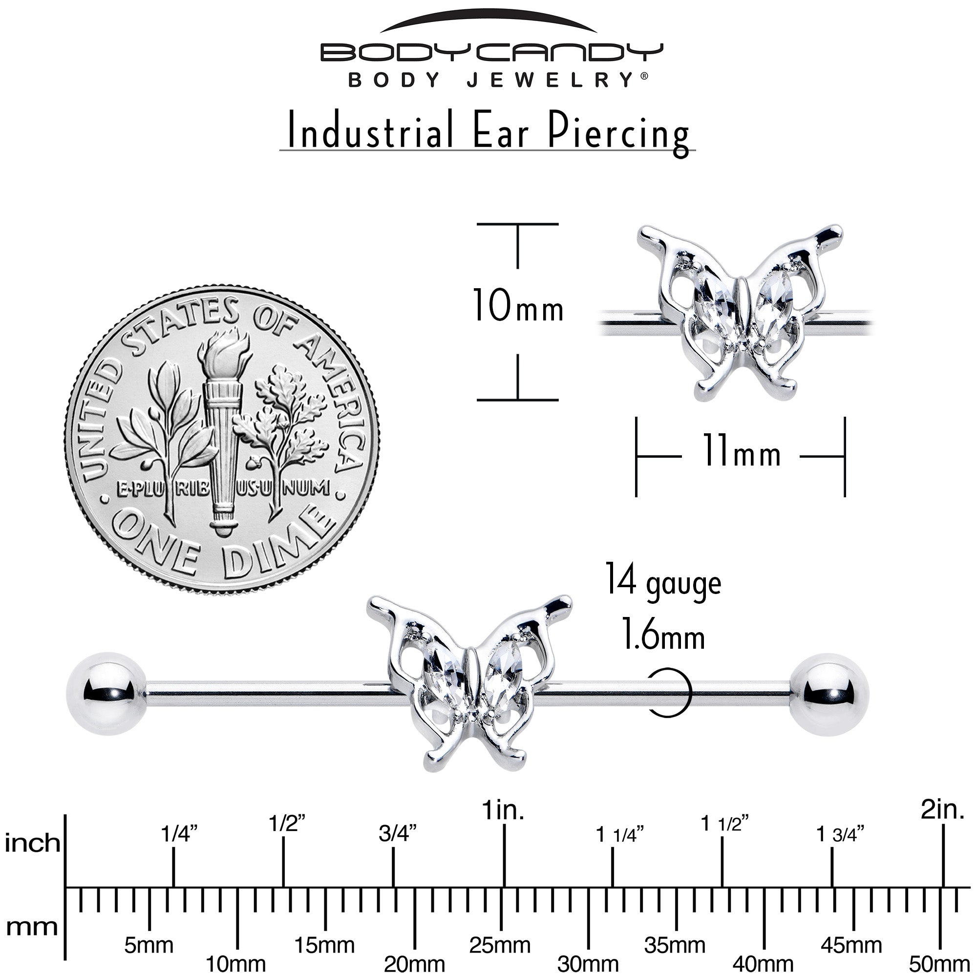 BodyCandy 14G Clear Gem Fancy Fab Butterfly Industrial Barbell 38mm — in-use photo