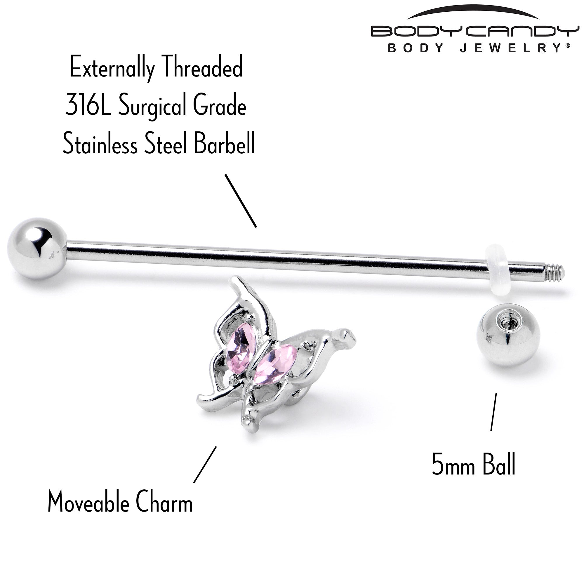 BodyCandy 14G Pink Gem Fancy Fab Butterfly Industrial Barbell 38mm — in-use photo