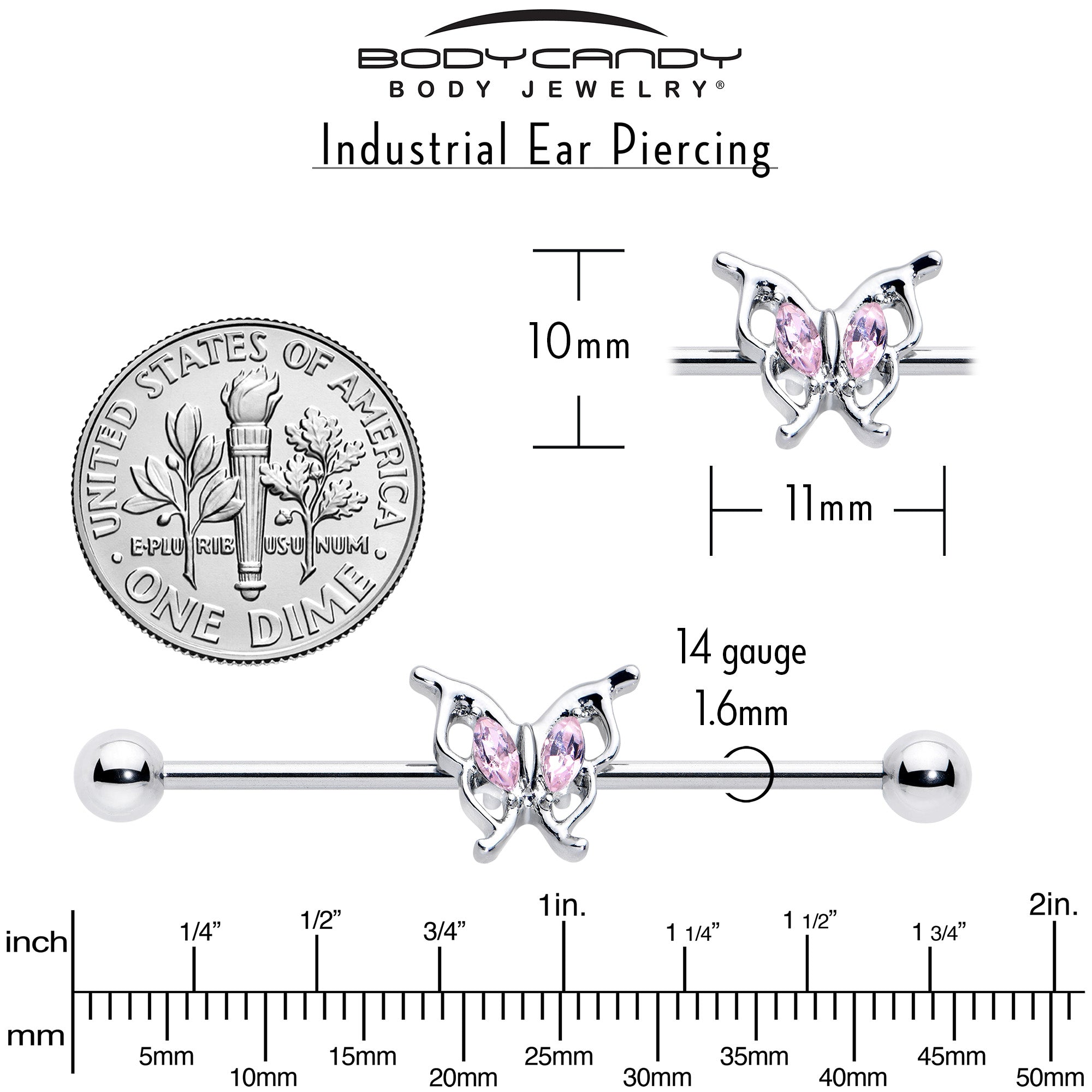 BodyCandy 14G Pink Gem Fancy Fab Butterfly Industrial Barbell 38mm — size reference