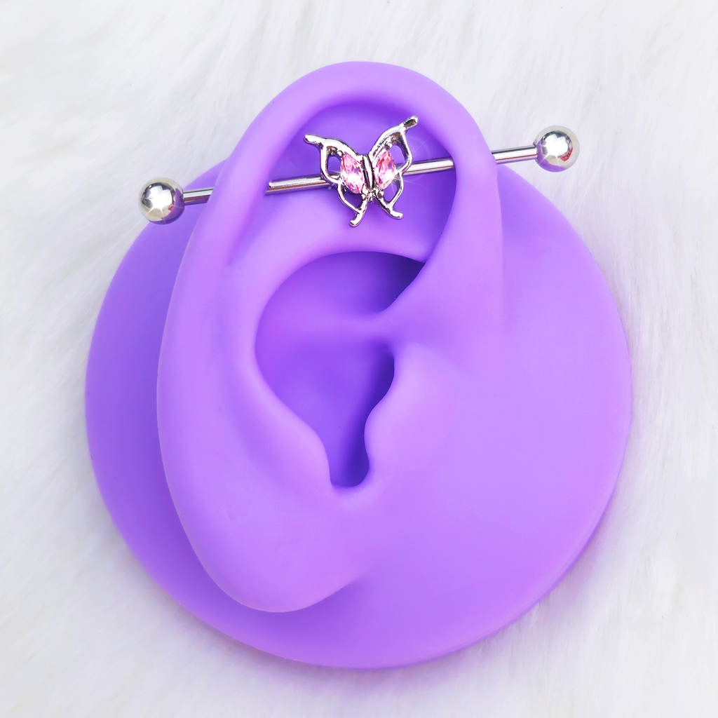 BodyCandy 14G Pink Gem Fancy Fab Butterfly Industrial Barbell 38mm — detail close-up
