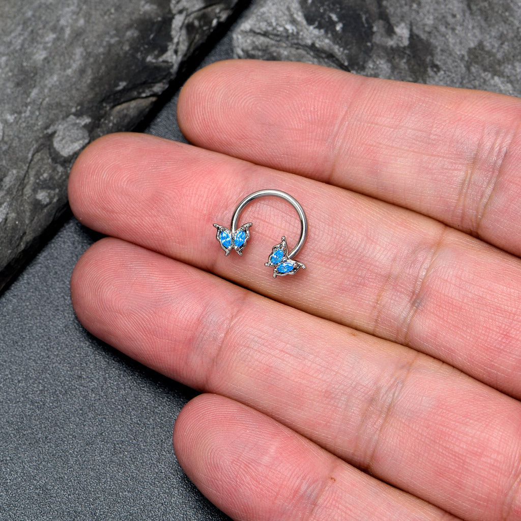 BodyCandy 16G 3/8 Blue Gem Fancy Fab Butterfly Horseshoe Circular Barbell — detail close-up