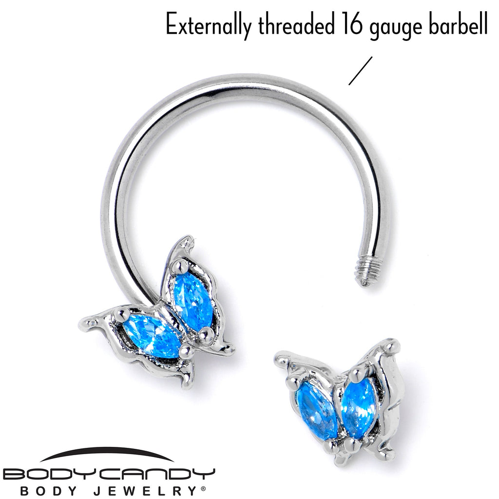 BodyCandy 16G 3/8 Blue Gem Fancy Fab Butterfly Horseshoe Circular Barbell — back view