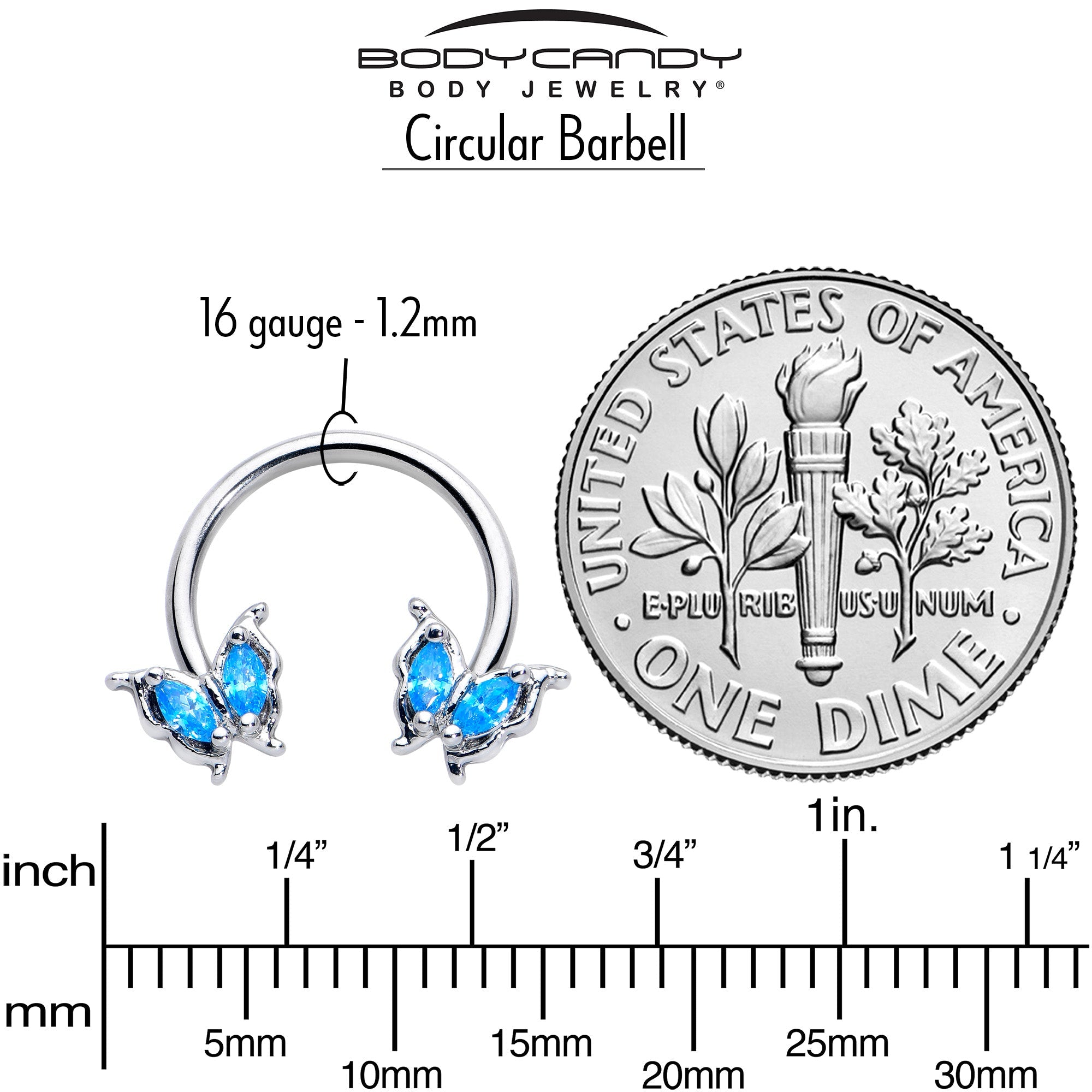 BodyCandy 16G 3/8 Blue Gem Fancy Fab Butterfly Horseshoe Circular Barbell — alternative angle
