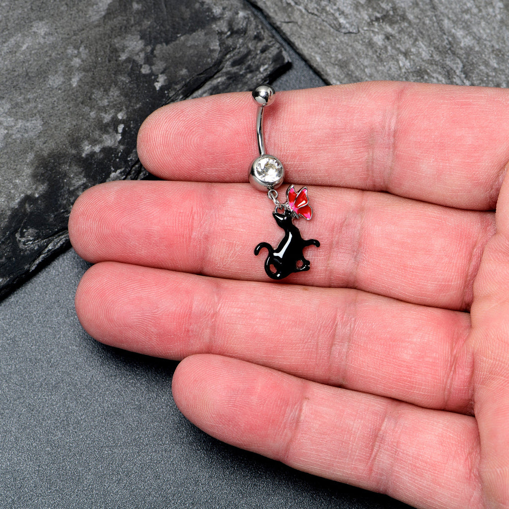 BodyCandy Clear Gem Butterfly Black Cat Dangle Belly Ring — alternative angle