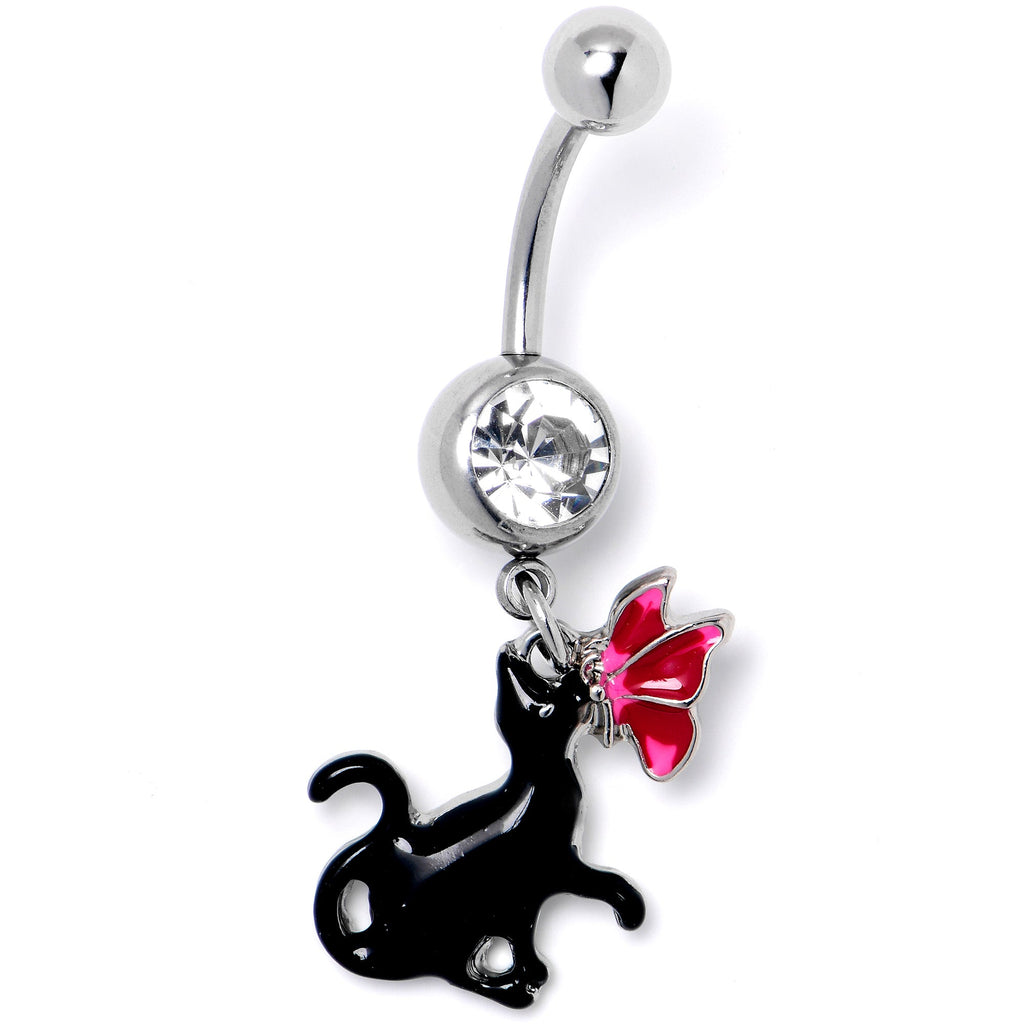 BodyCandy Clear Gem Butterfly Black Cat Dangle Belly Ring — lifestyle context