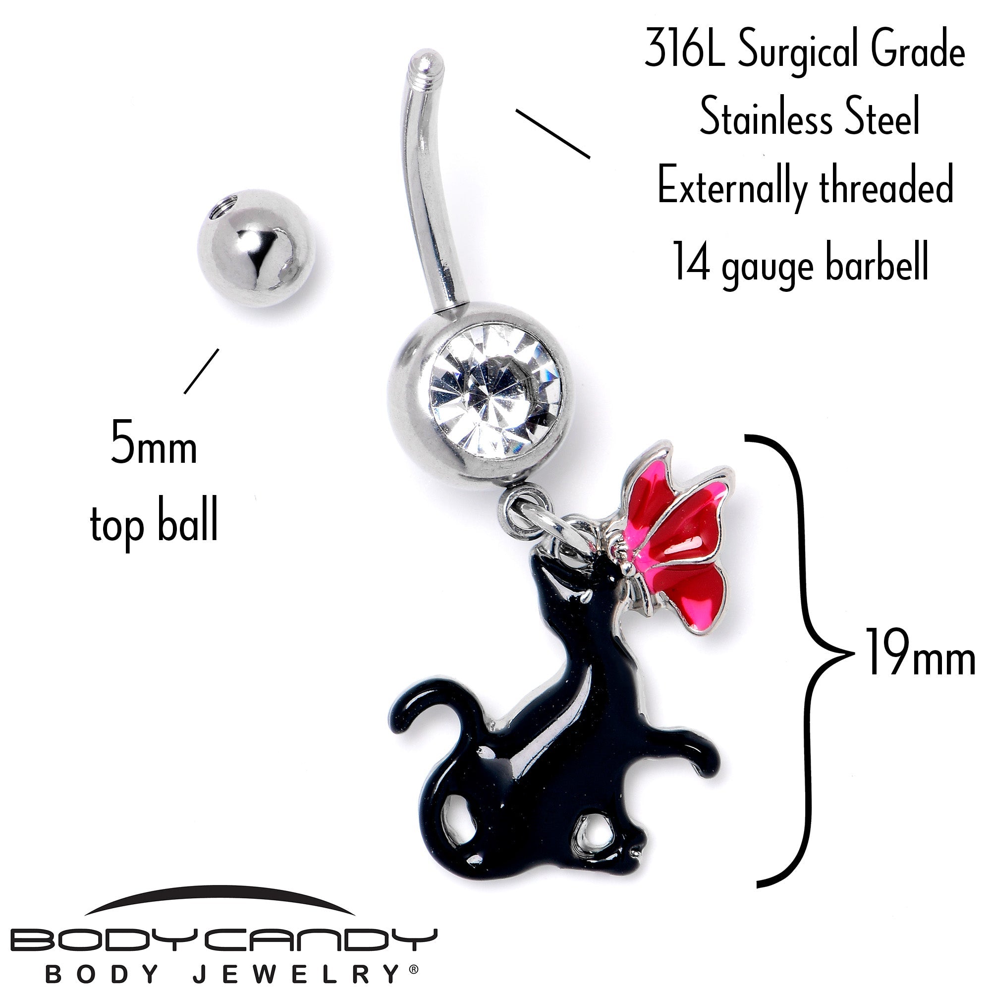 BodyCandy Clear Gem Butterfly Black Cat Dangle Belly Ring — side view