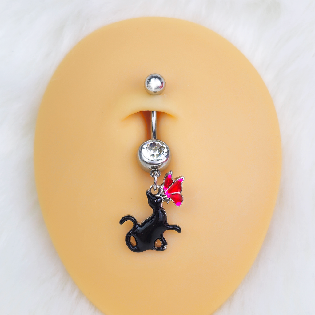 BodyCandy Clear Gem Butterfly Black Cat Dangle Belly Ring — detail close-up