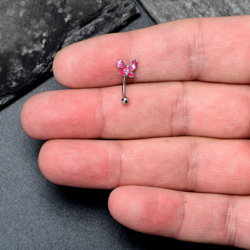 BodyCandy 16G 5/16 Clear Gem Chunky Butterfly Pink Curved Eyebrow Ring — detail close-up