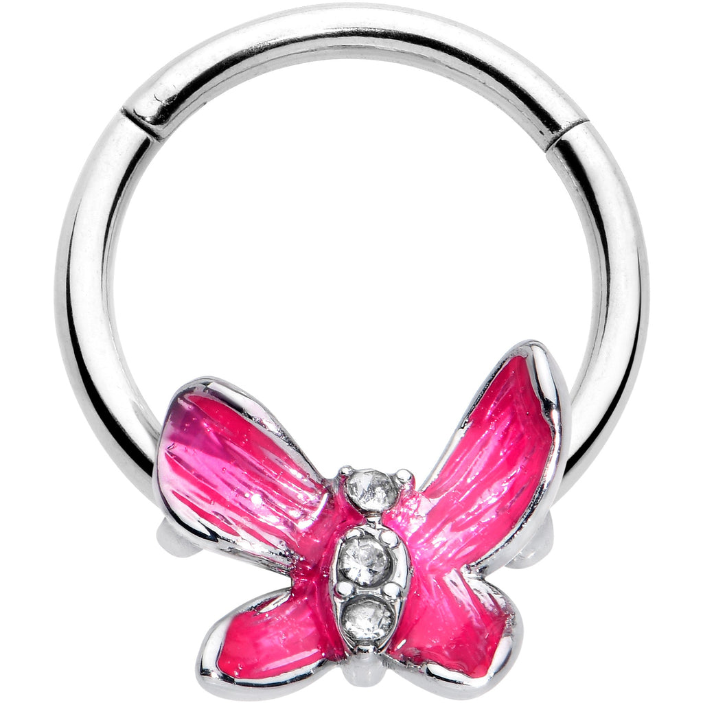 BodyCandy 16G 3/8 Clear Gem Chunky Butterfly Pink Hinged Segment Ring — main product shot