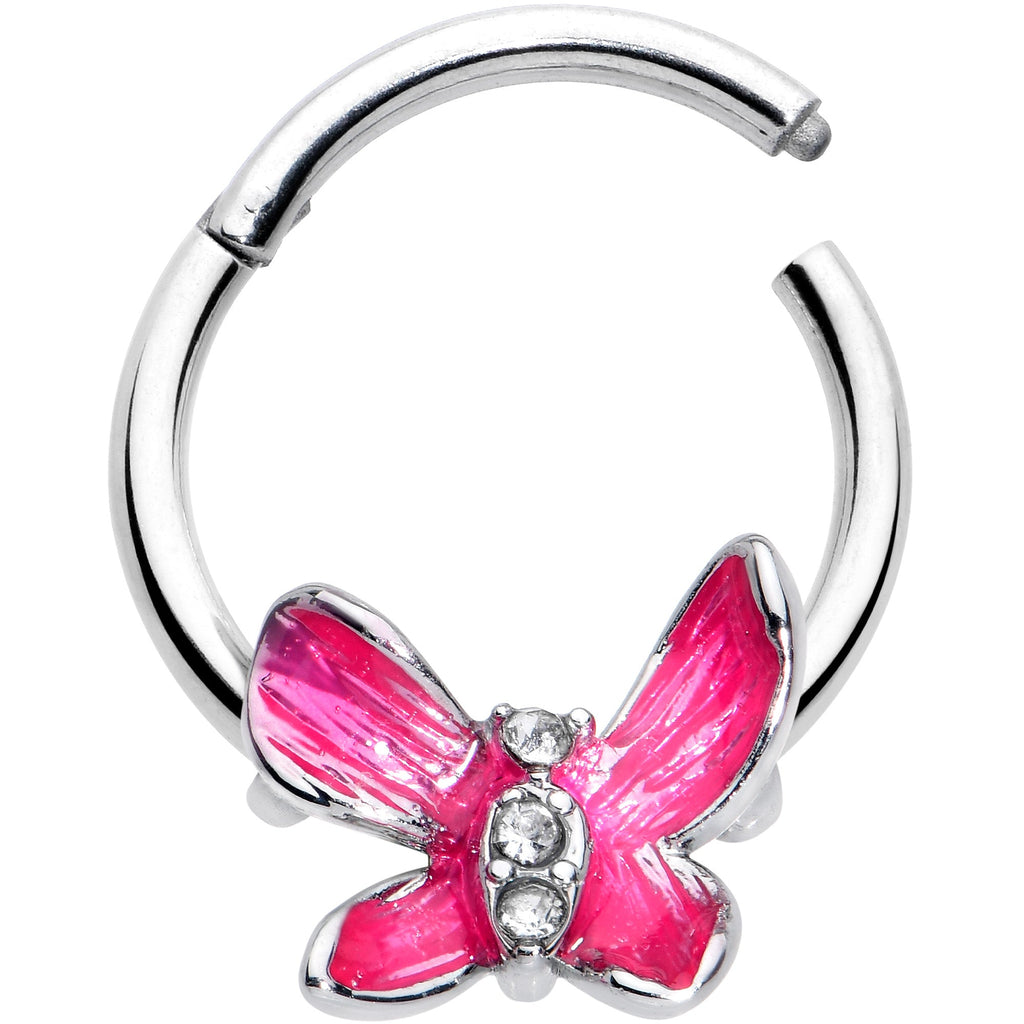 BodyCandy 16G 3/8 Clear Gem Chunky Butterfly Pink Hinged Segment Ring — detail close-up