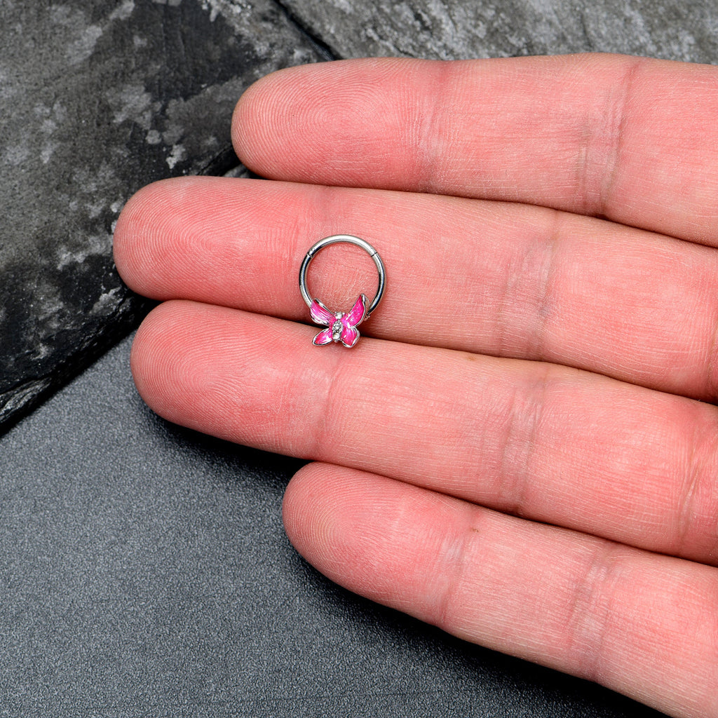 BodyCandy 16G 3/8 Clear Gem Chunky Butterfly Pink Hinged Segment Ring — lifestyle context