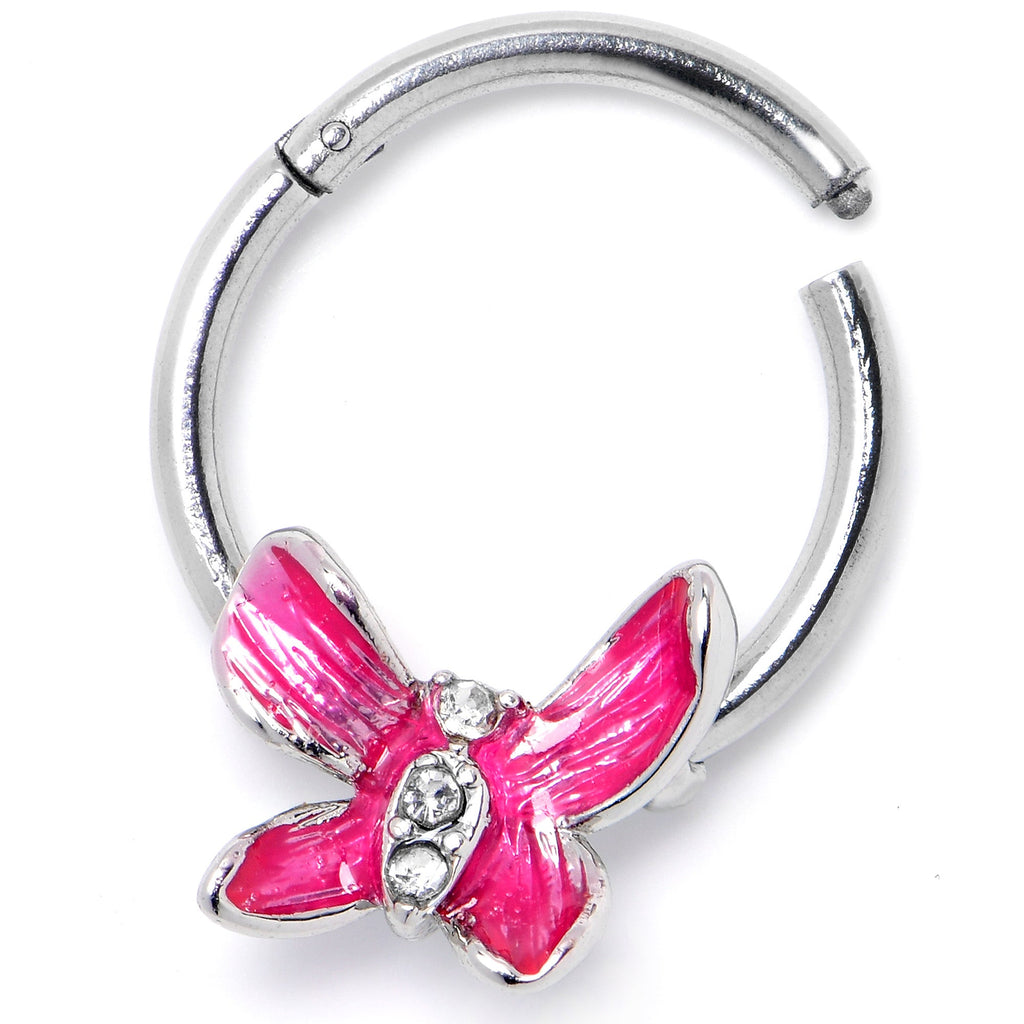 BodyCandy 16G 3/8 Clear Gem Chunky Butterfly Pink Hinged Segment Ring — side view