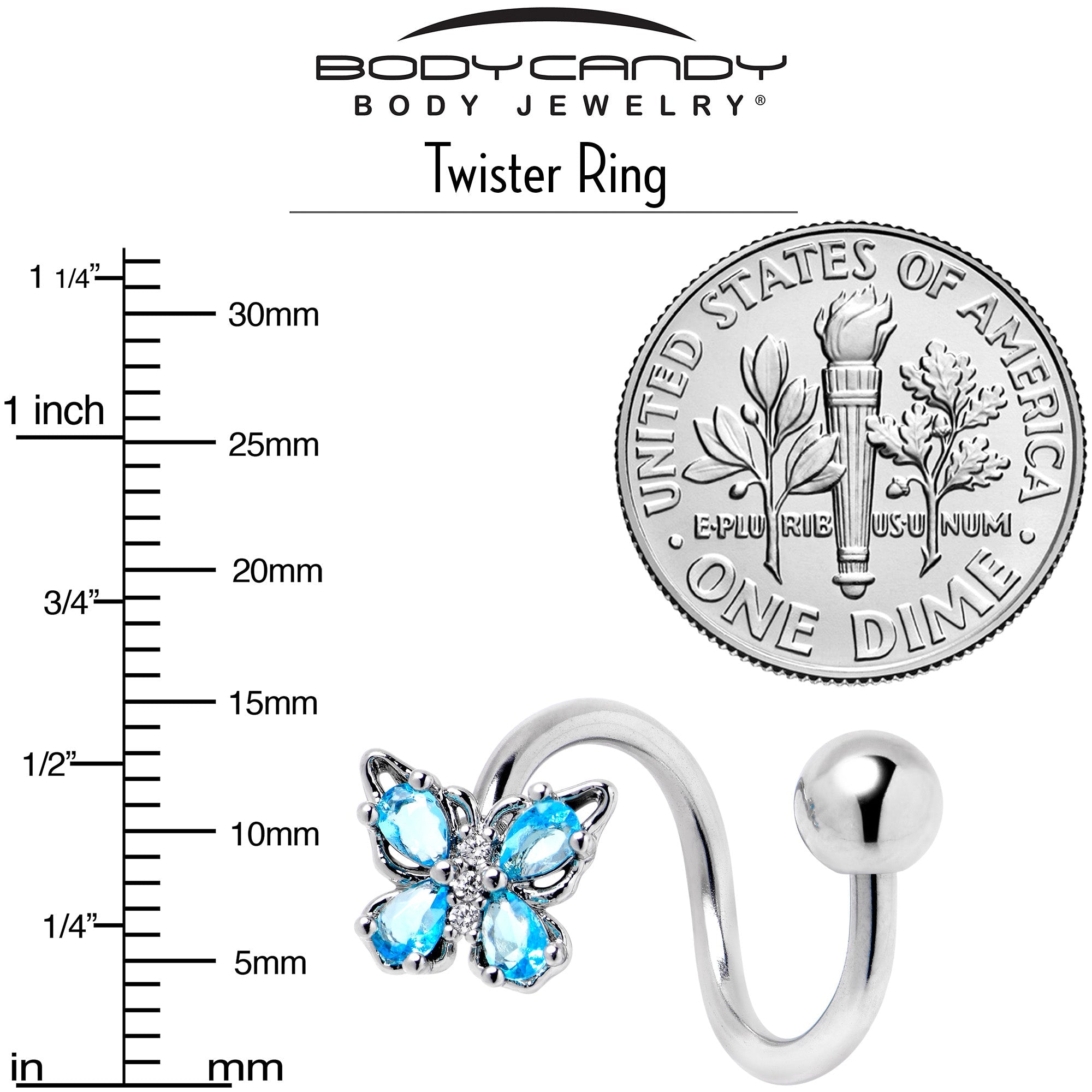BodyCandy Blue Gem Baroque Beauty Butterfly Spiral Twister Belly Ring — side view
