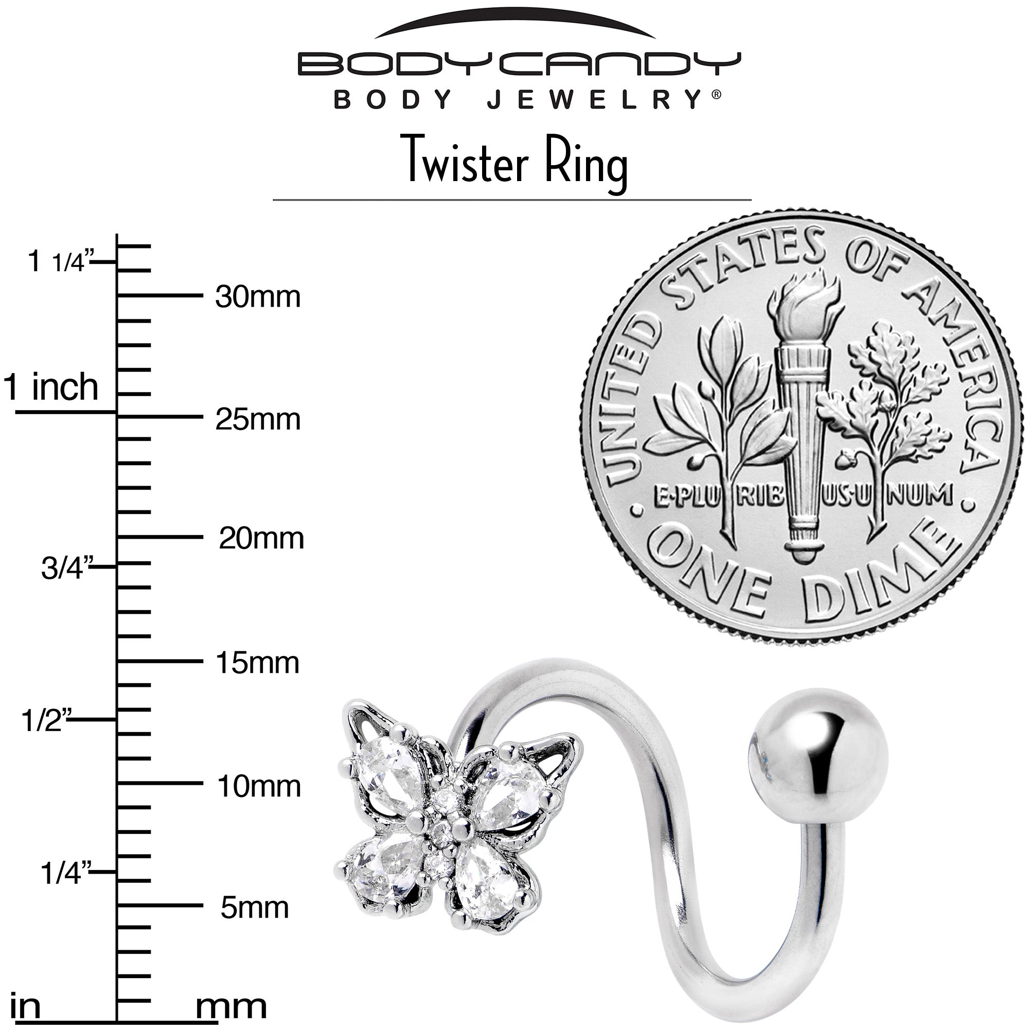 BodyCandy Clear Gem Baroque Beauty Butterfly Spiral Twister Belly Ring — side view