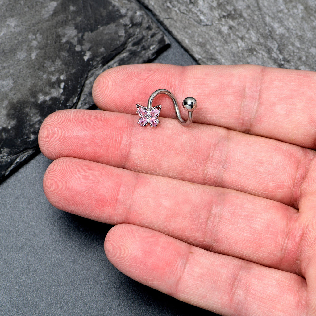 BodyCandy Pink Gem Baroque Beauty Butterfly Spiral Twister Belly Ring — detail close-up