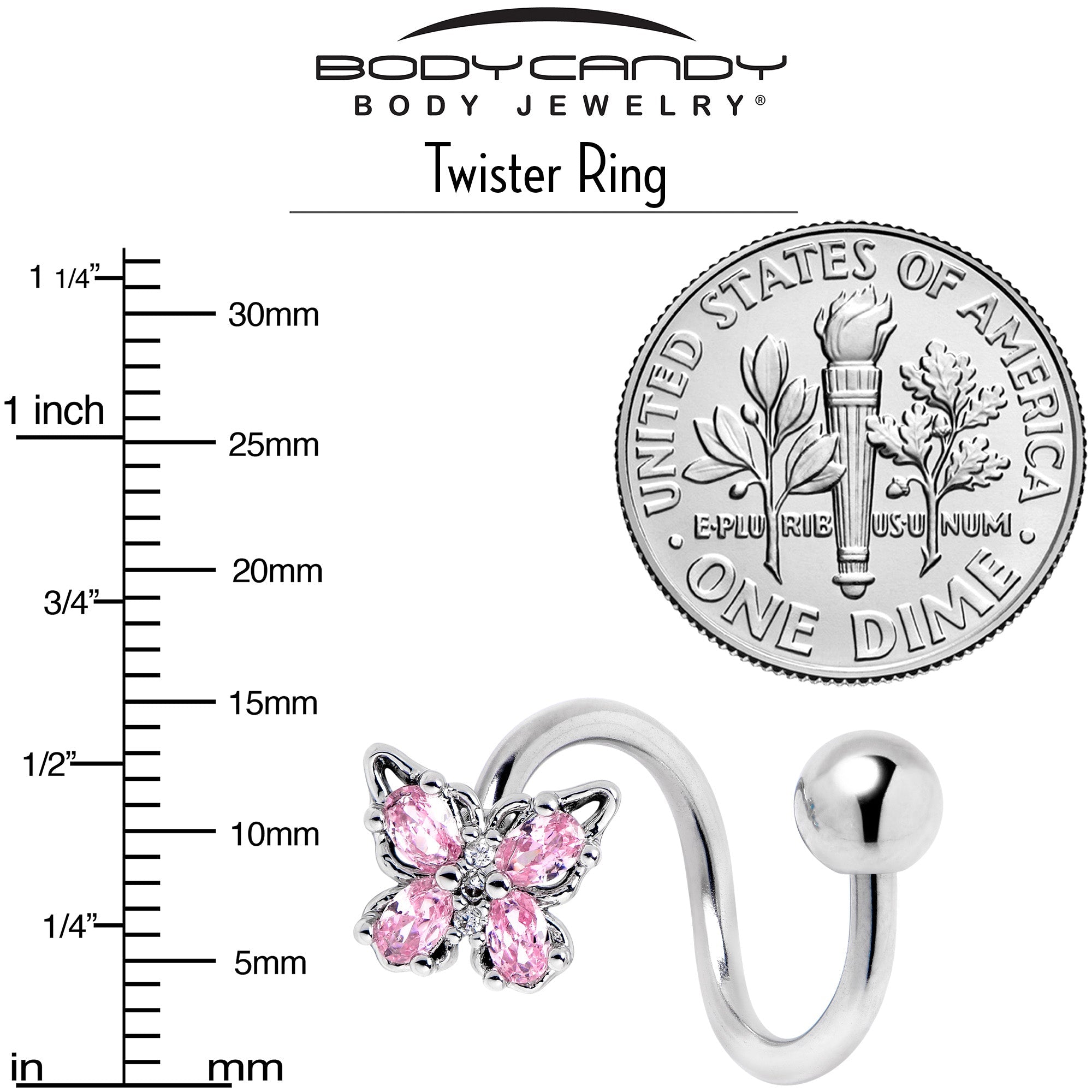 BodyCandy Pink Gem Baroque Beauty Butterfly Spiral Twister Belly Ring — side view