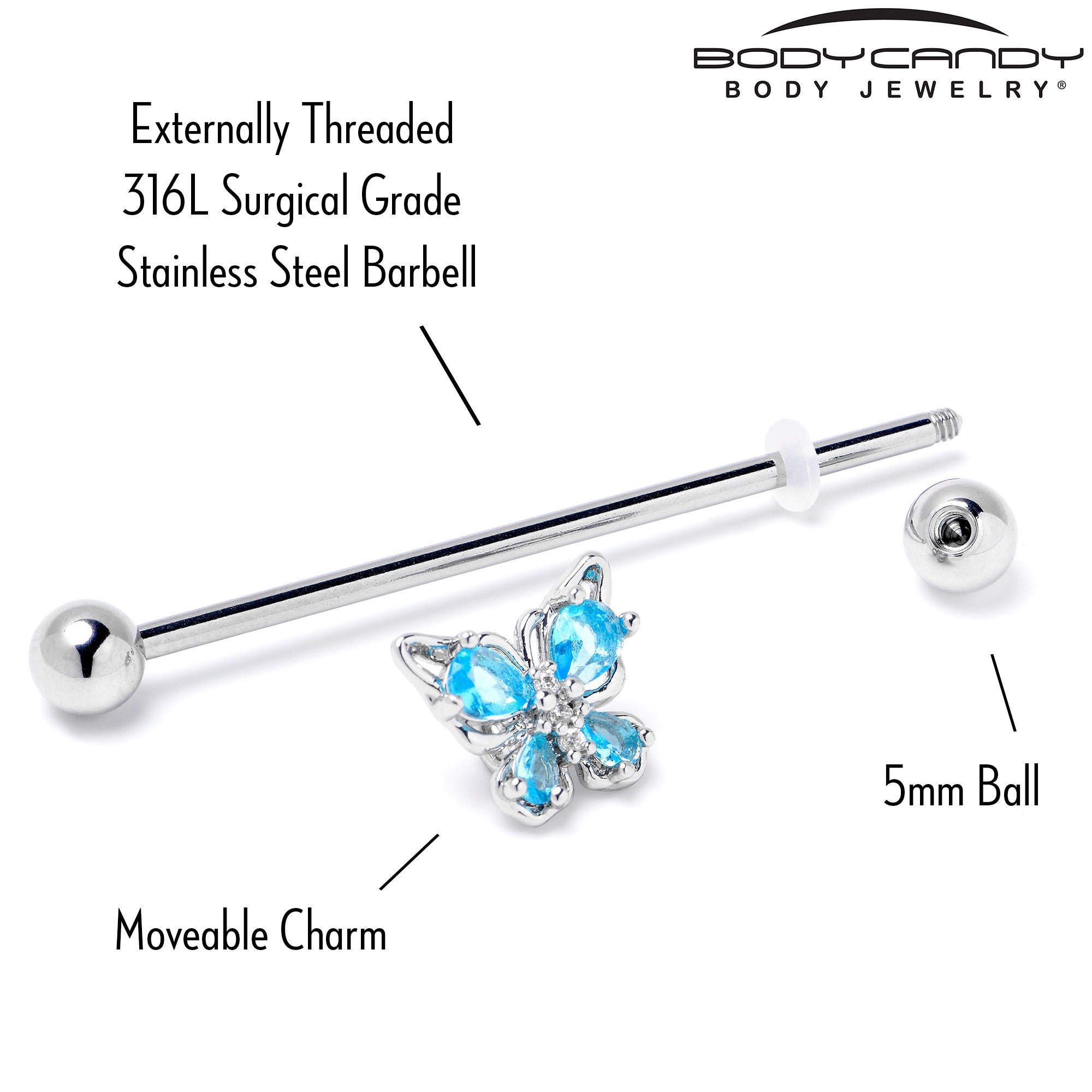 BodyCandy 14G Blue Gem Baroque Beauty Butterfly Industrial Barbell 38mm — back view