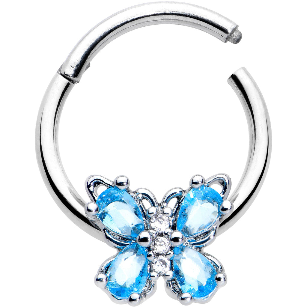 BodyCandy 16G 3/8 Blue Gem Baroque Beauty Butterfly Hinged Segment Ring — detail close-up