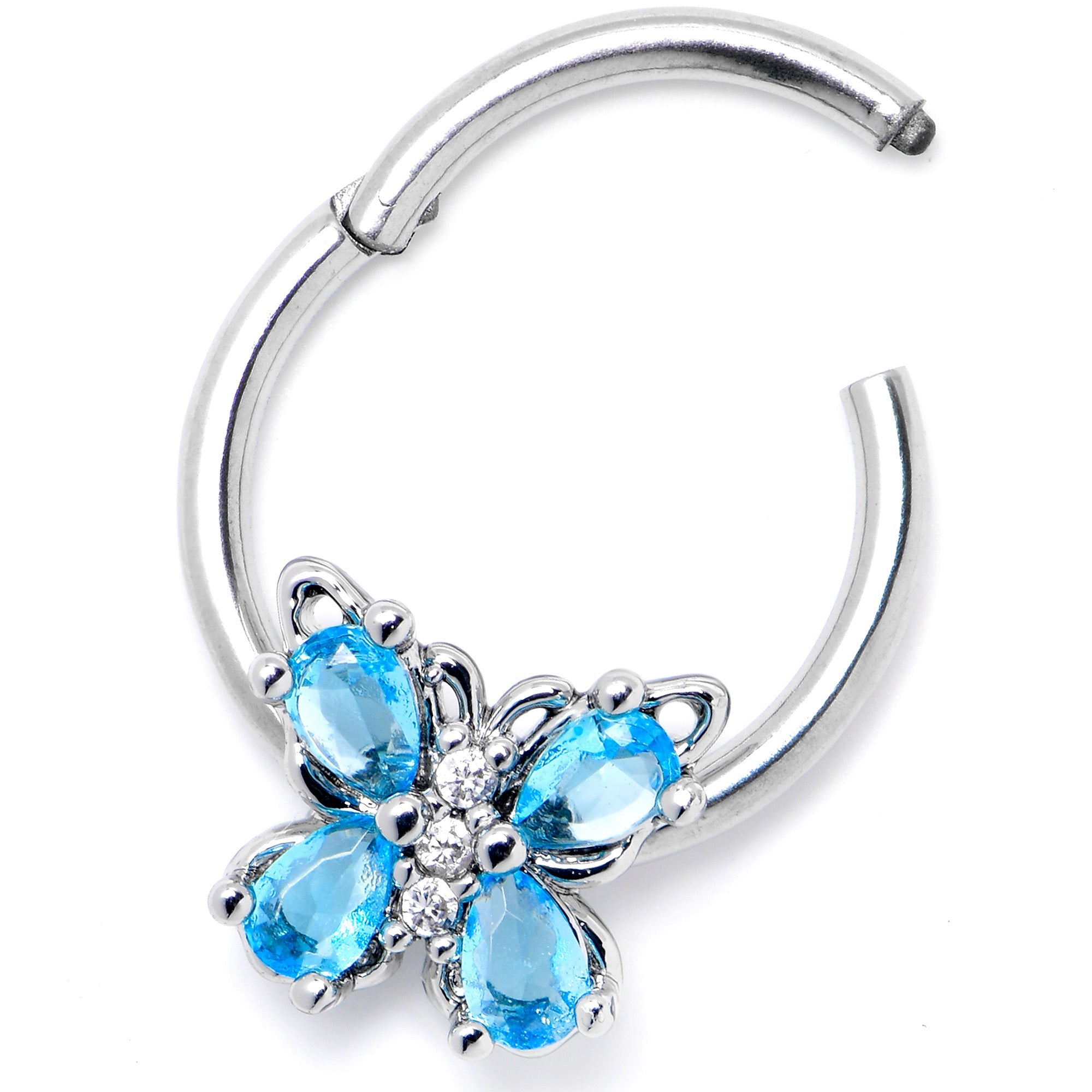 BodyCandy 16G 3/8 Blue Gem Baroque Beauty Butterfly Hinged Segment Ring — side view