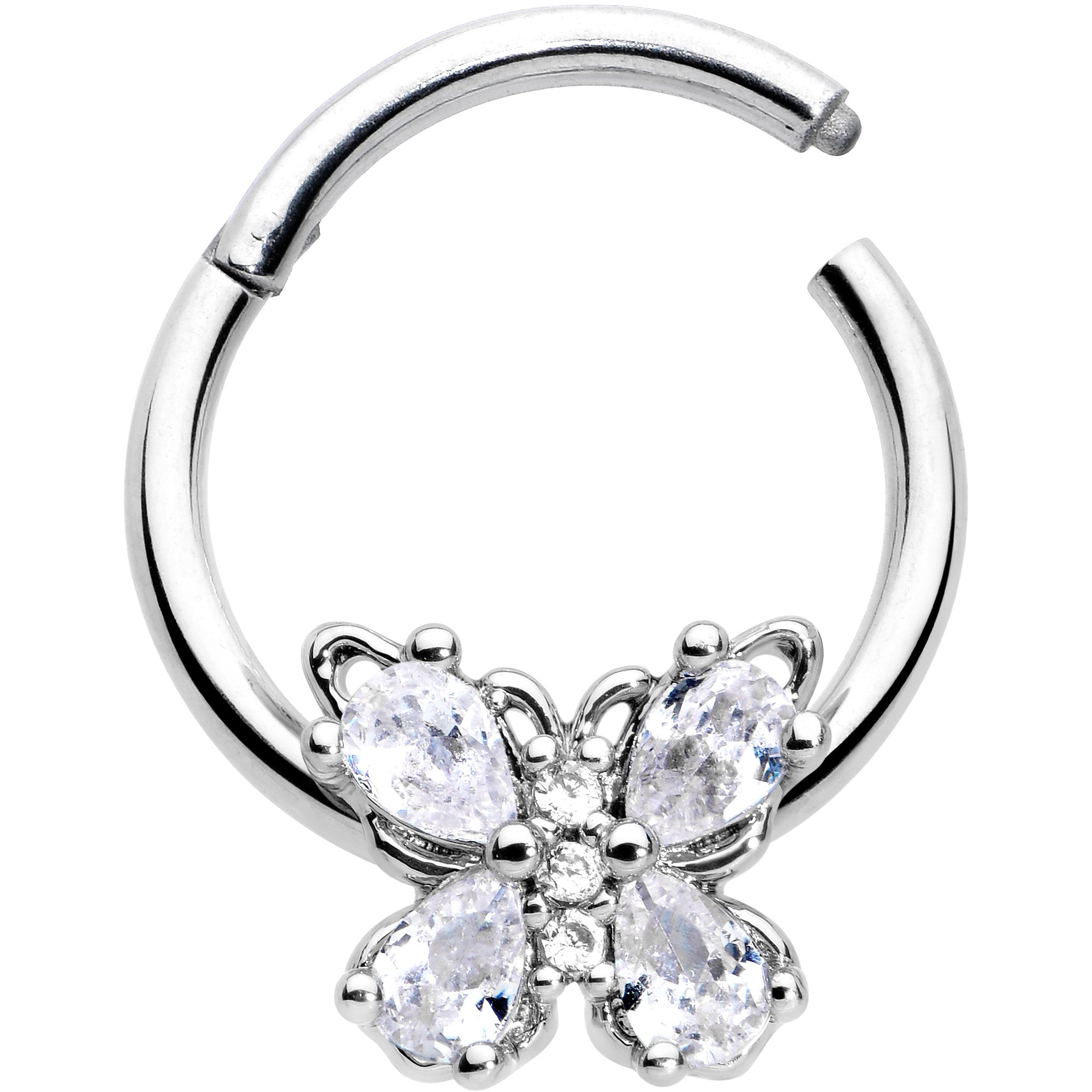 BodyCandy 16G 3/8 Clear Gem Baroque Beauty Butterfly Hinged Segment Ring — detail close-up