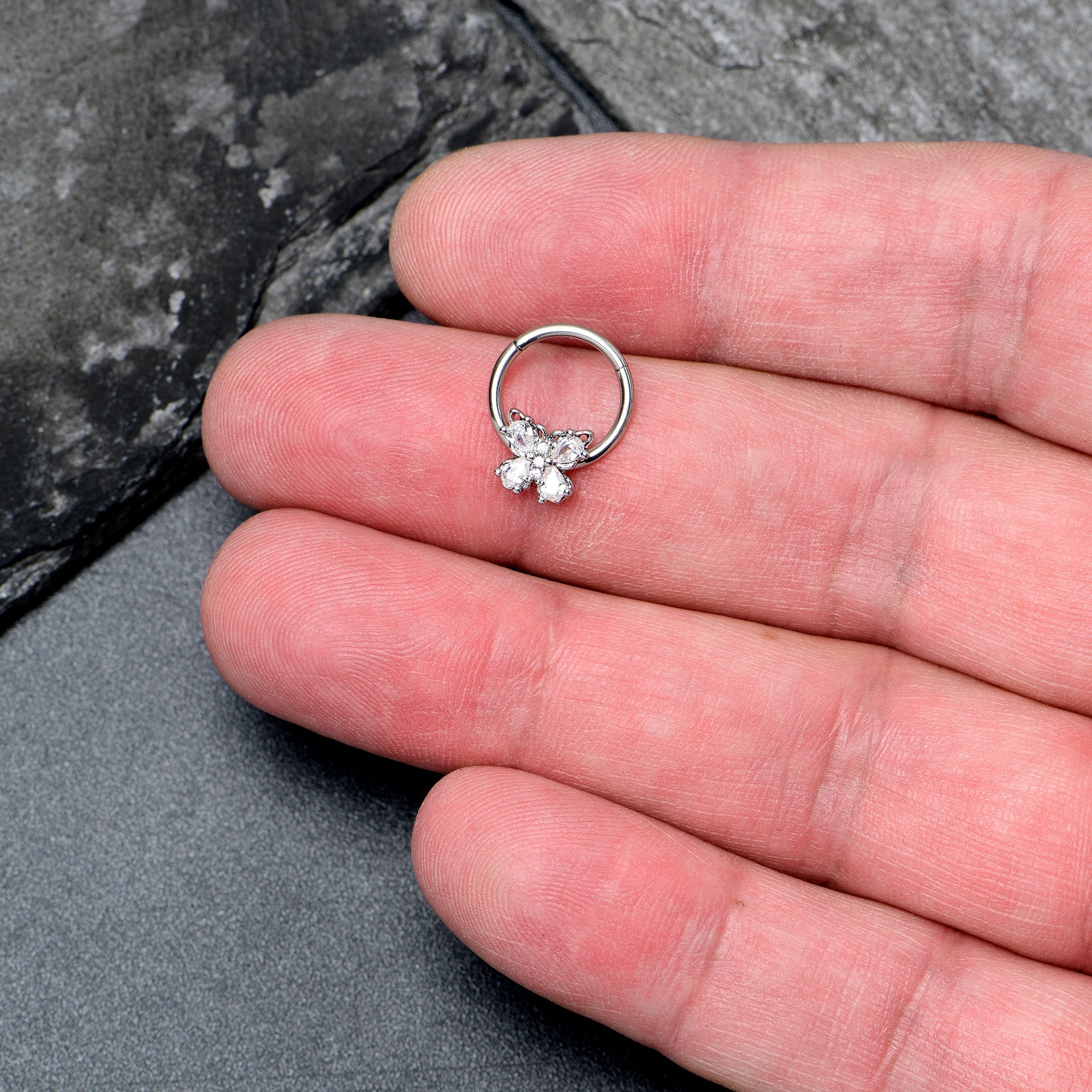BodyCandy 16G 3/8 Clear Gem Baroque Beauty Butterfly Hinged Segment Ring — lifestyle context