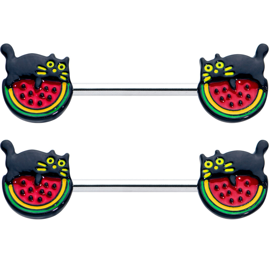 BodyCandy 14G 9/16 Watermelon Cat Love Barbell Nipple Ring Set — detail close-up
