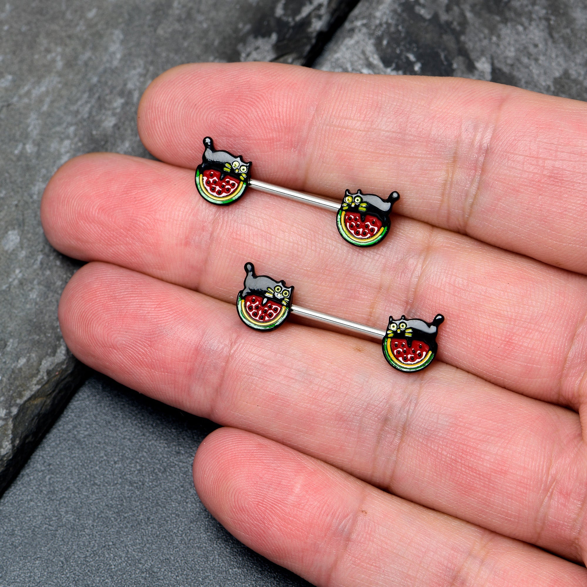 BodyCandy 14G 9/16 Watermelon Cat Love Barbell Nipple Ring Set — lifestyle context
