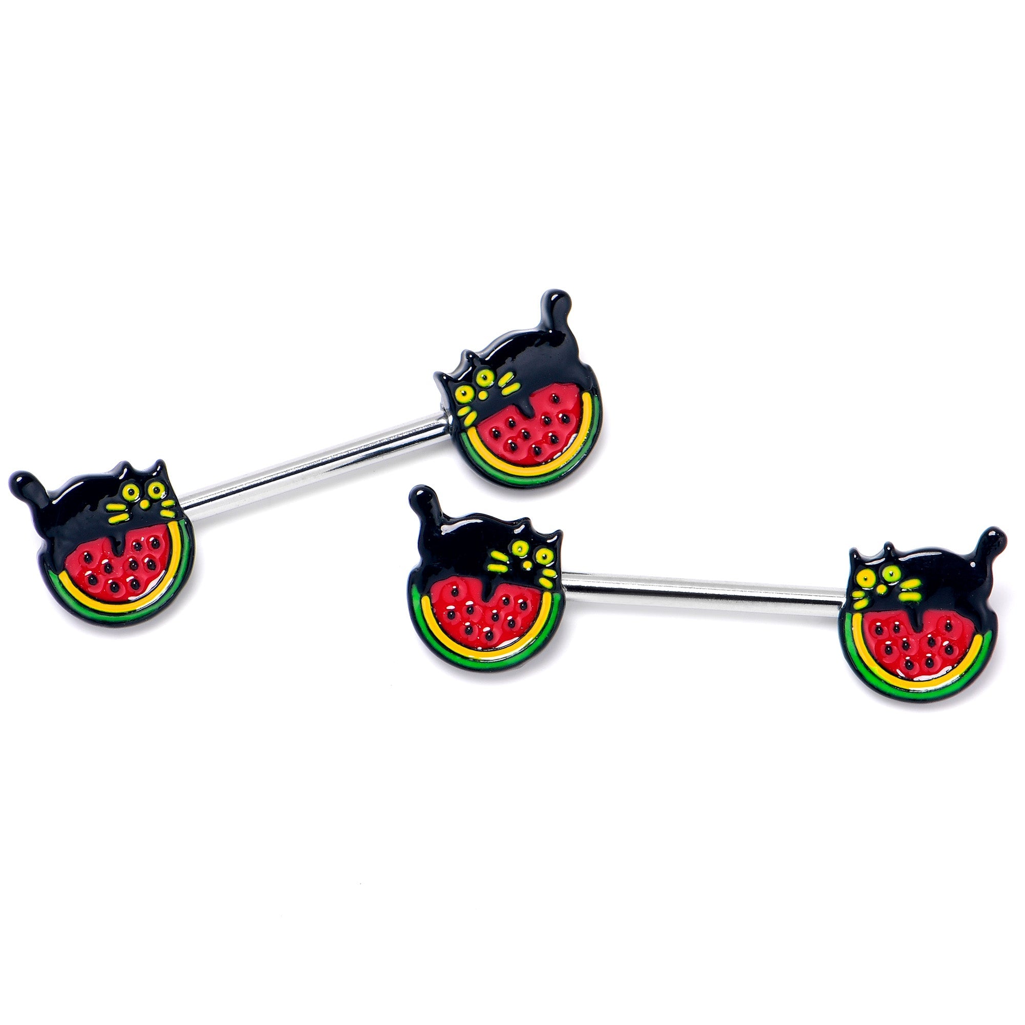 BodyCandy 14G 9/16 Watermelon Cat Love Barbell Nipple Ring Set — side view