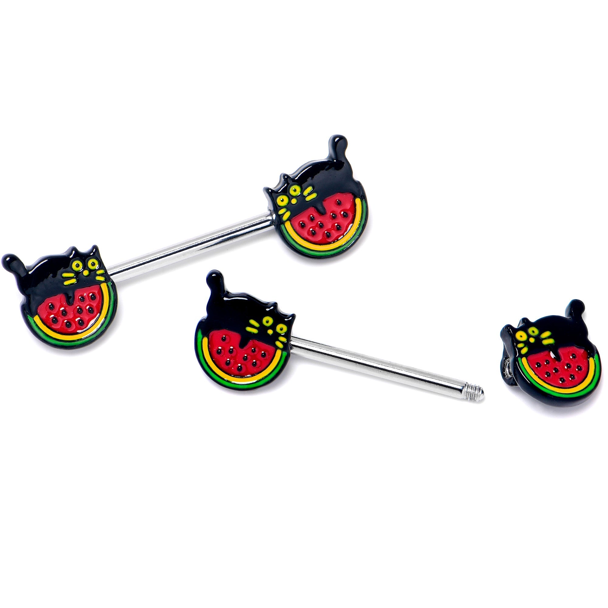 BodyCandy 14G 9/16 Watermelon Cat Love Barbell Nipple Ring Set — back view