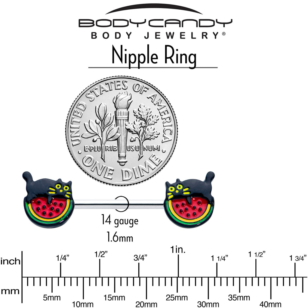 BodyCandy 14G 9/16 Watermelon Cat Love Barbell Nipple Ring Set — in-use photo
