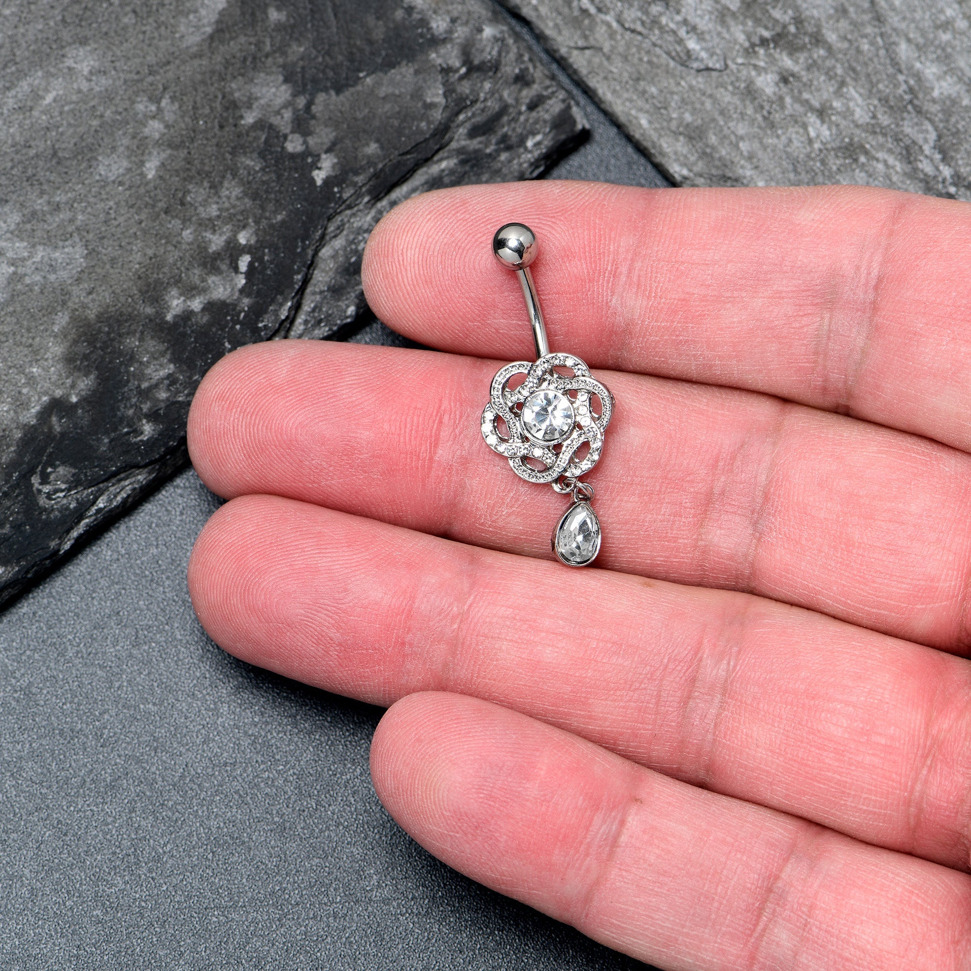 BodyCandy Clear Gem Celtic Knot Elegance Dangle Belly Ring — detail close-up