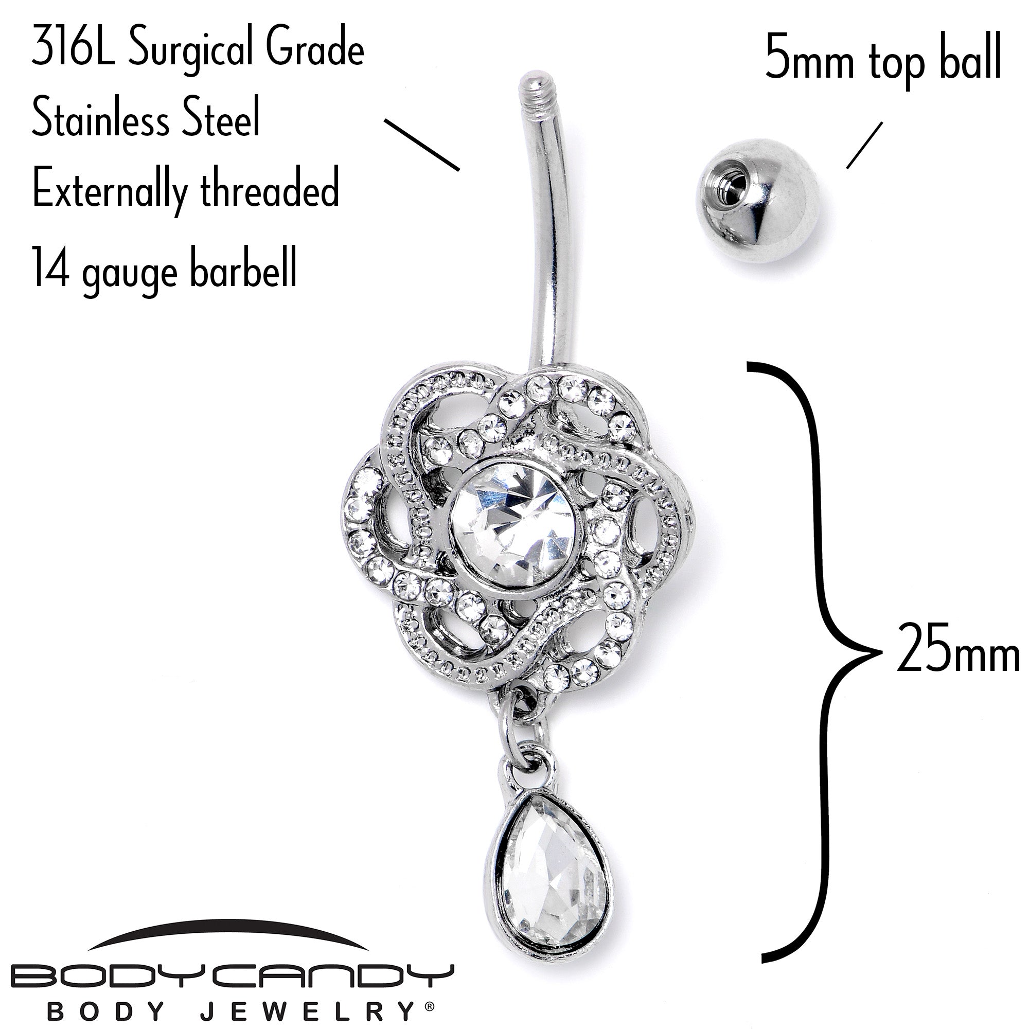 BodyCandy Clear Gem Celtic Knot Elegance Dangle Belly Ring — side view