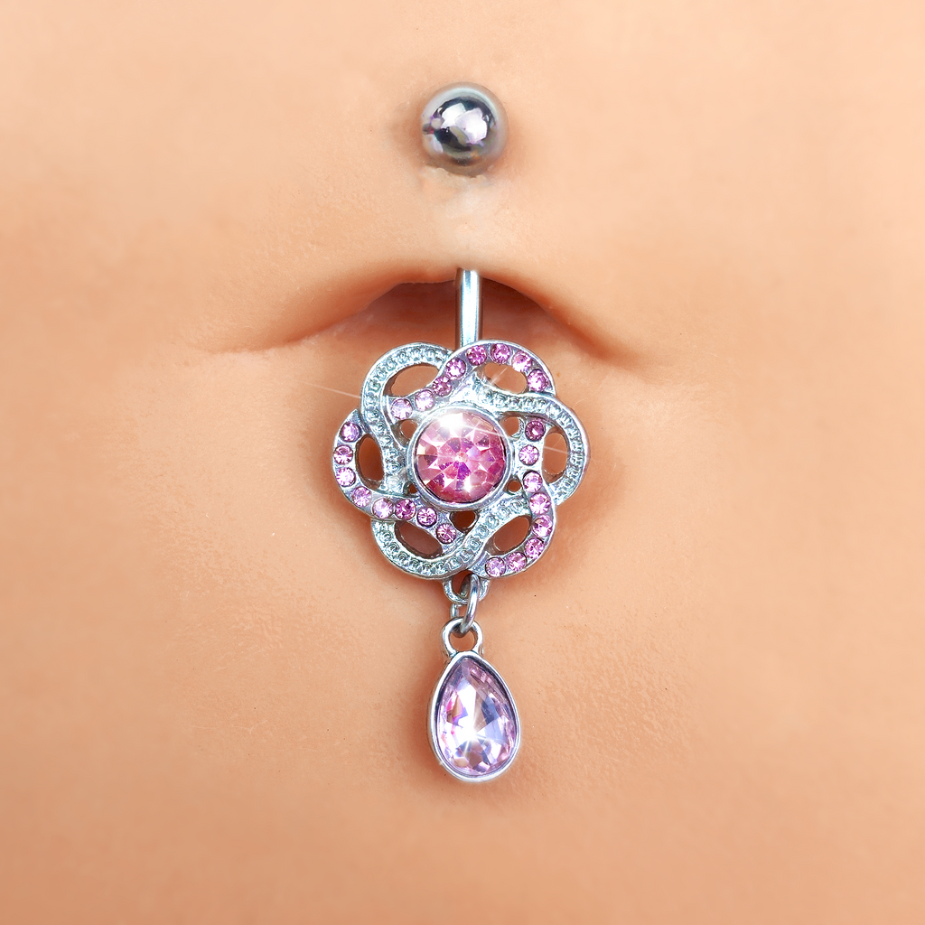 BodyCandy Pink Gem Celtic Knot Elegance Dangle Belly Ring — detail close-up