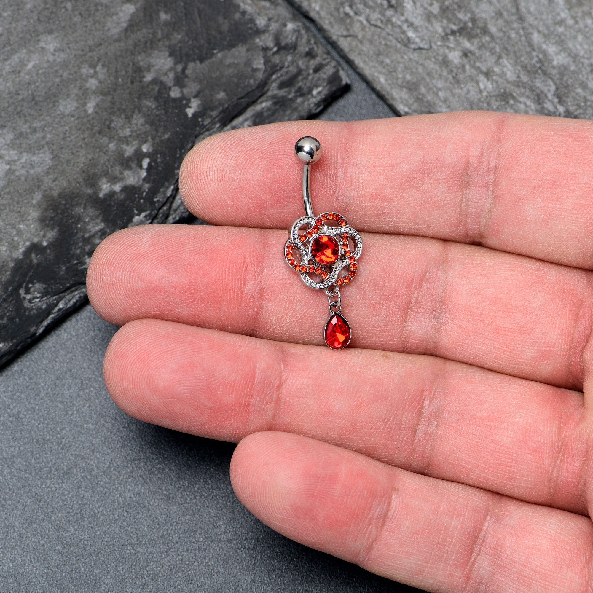 BodyCandy Red Gem Celtic Knot Elegance Dangle Belly Ring — detail close-up