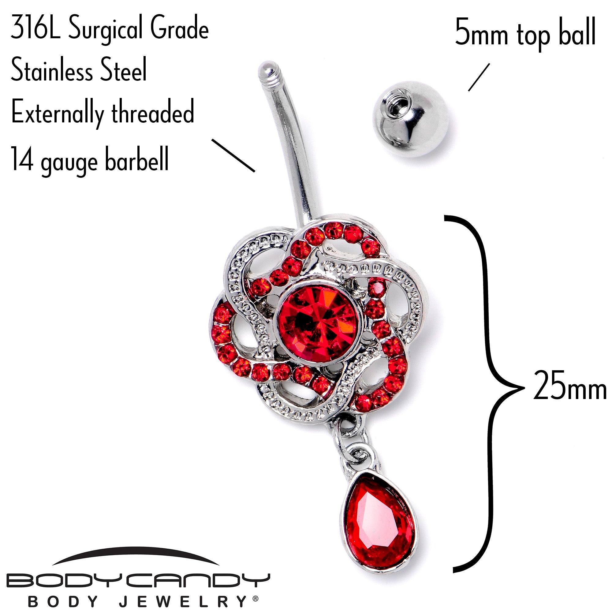 BodyCandy Red Gem Celtic Knot Elegance Dangle Belly Ring — side view
