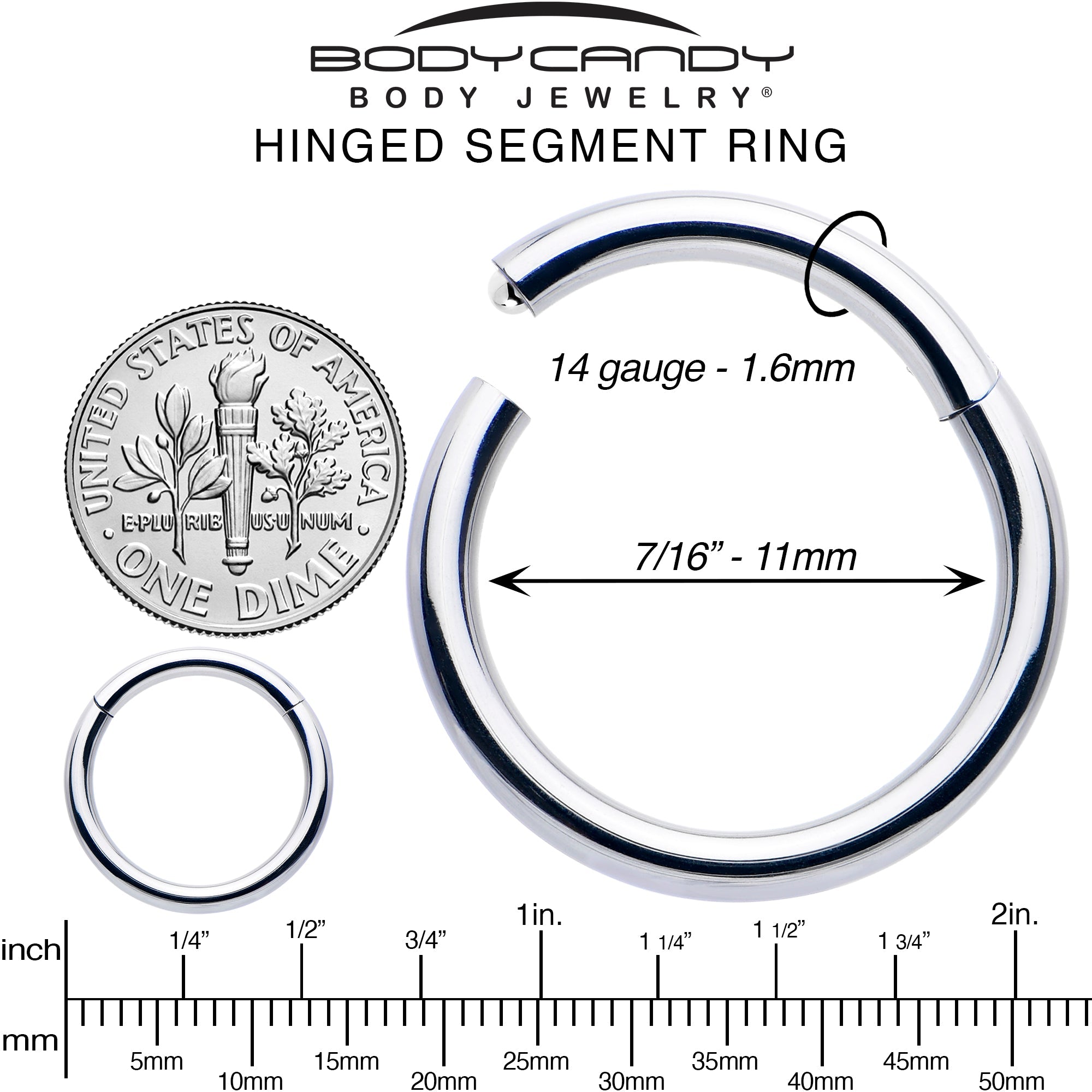 BodyCandy 14G 7/16 316L Surgical Steel Precision Hinged Segment Hoop — alternative angle