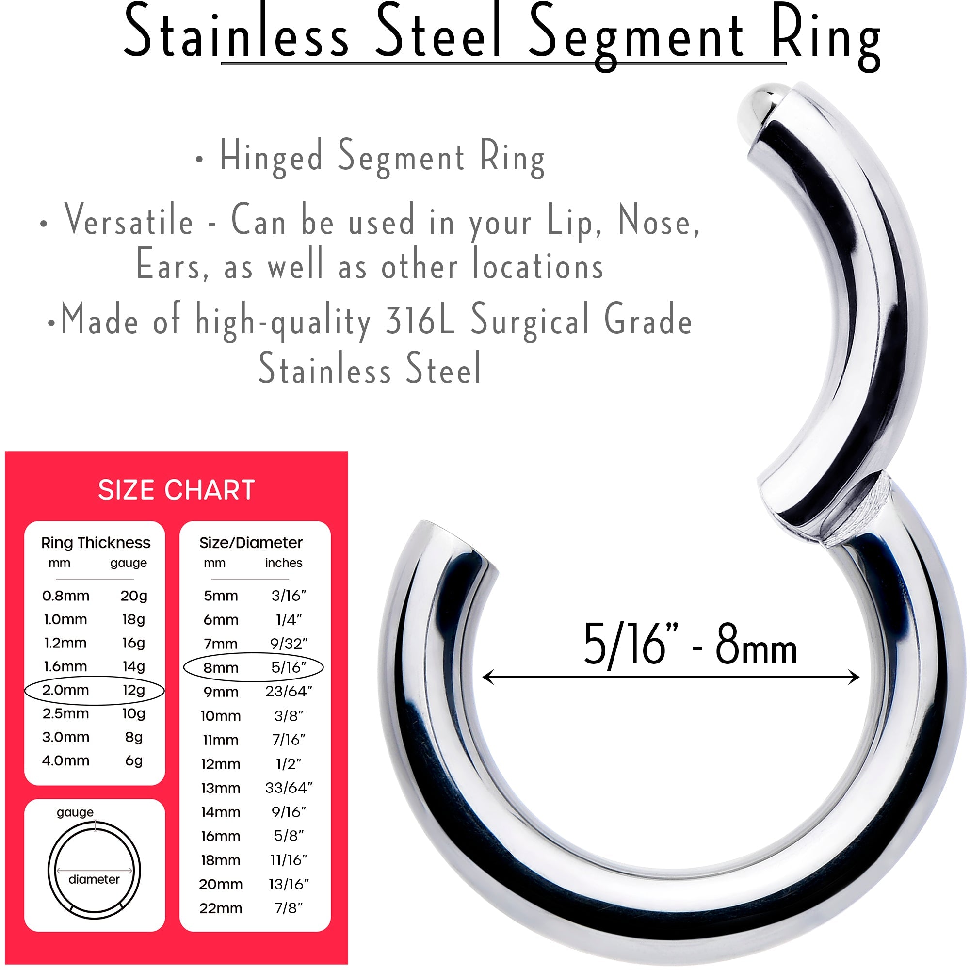 BodyCandy 12G 5/16 316L Surgical Steel Precision Hinged Segment Hoop — lifestyle context