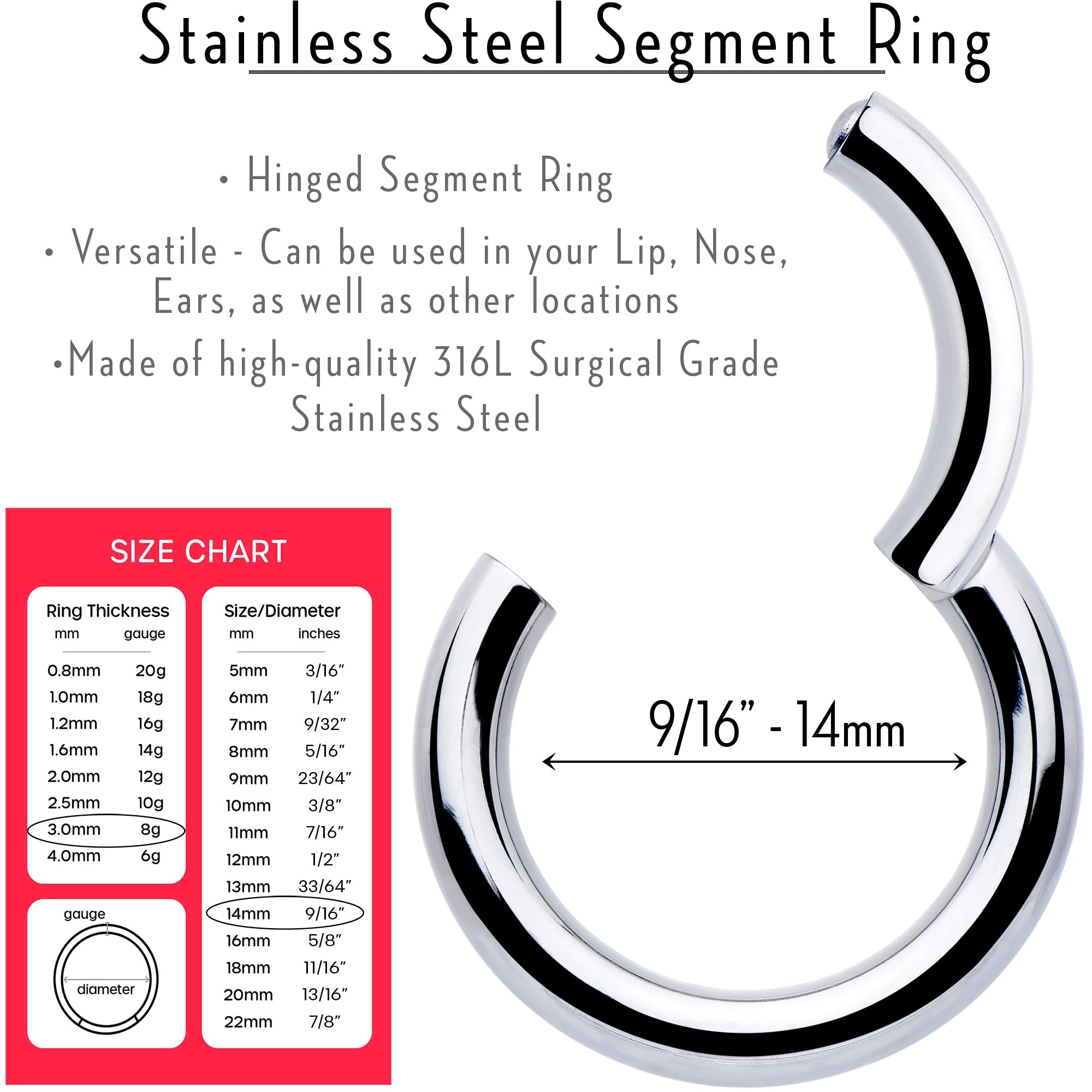 BodyCandy 8G 9/16 316L Surgical Steel Precision Hinged Segment Hoop — lifestyle context