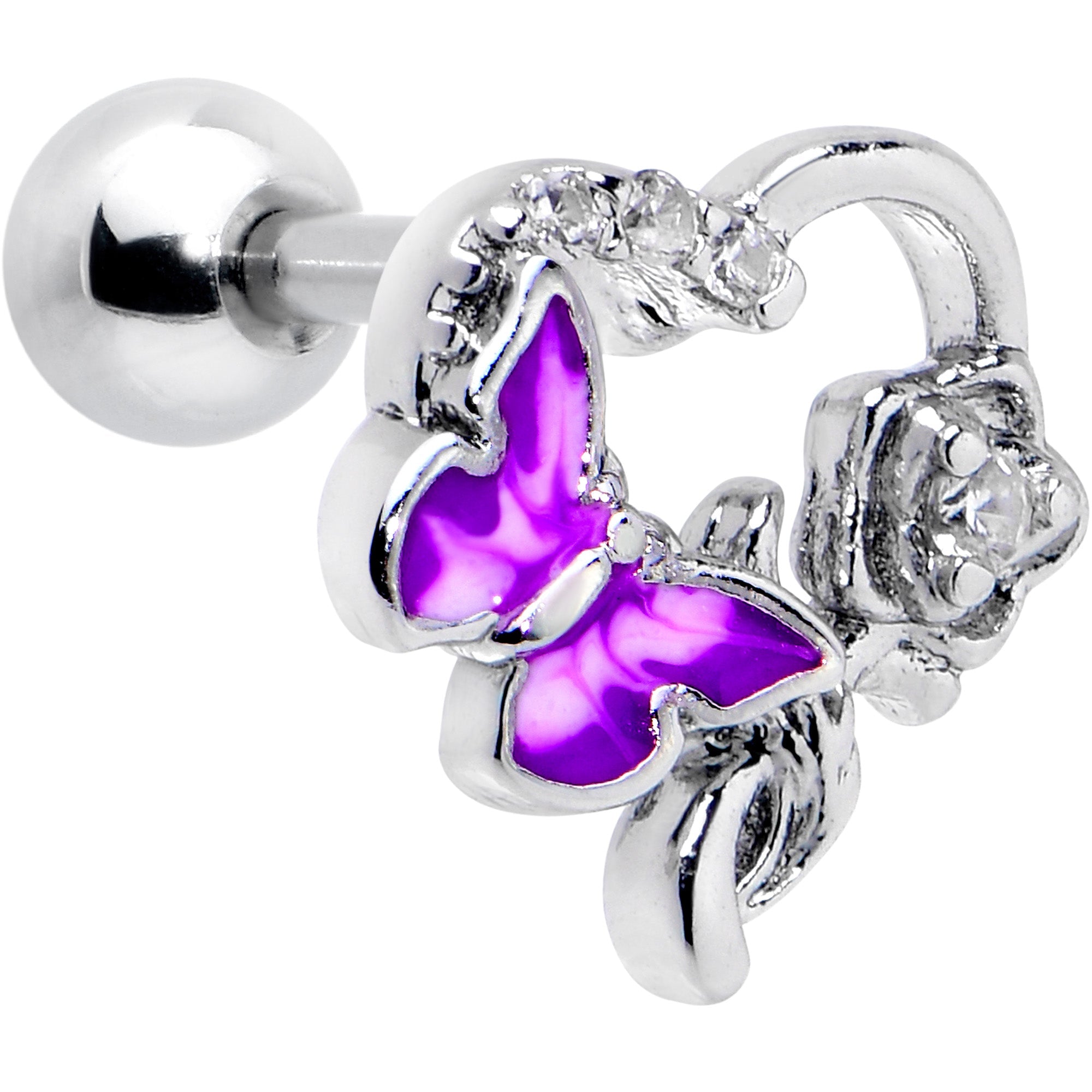 BodyCandy 16G 1/4 Clear CZ Gem Butterfly Flower Purple Cartilage Earring — main product shot