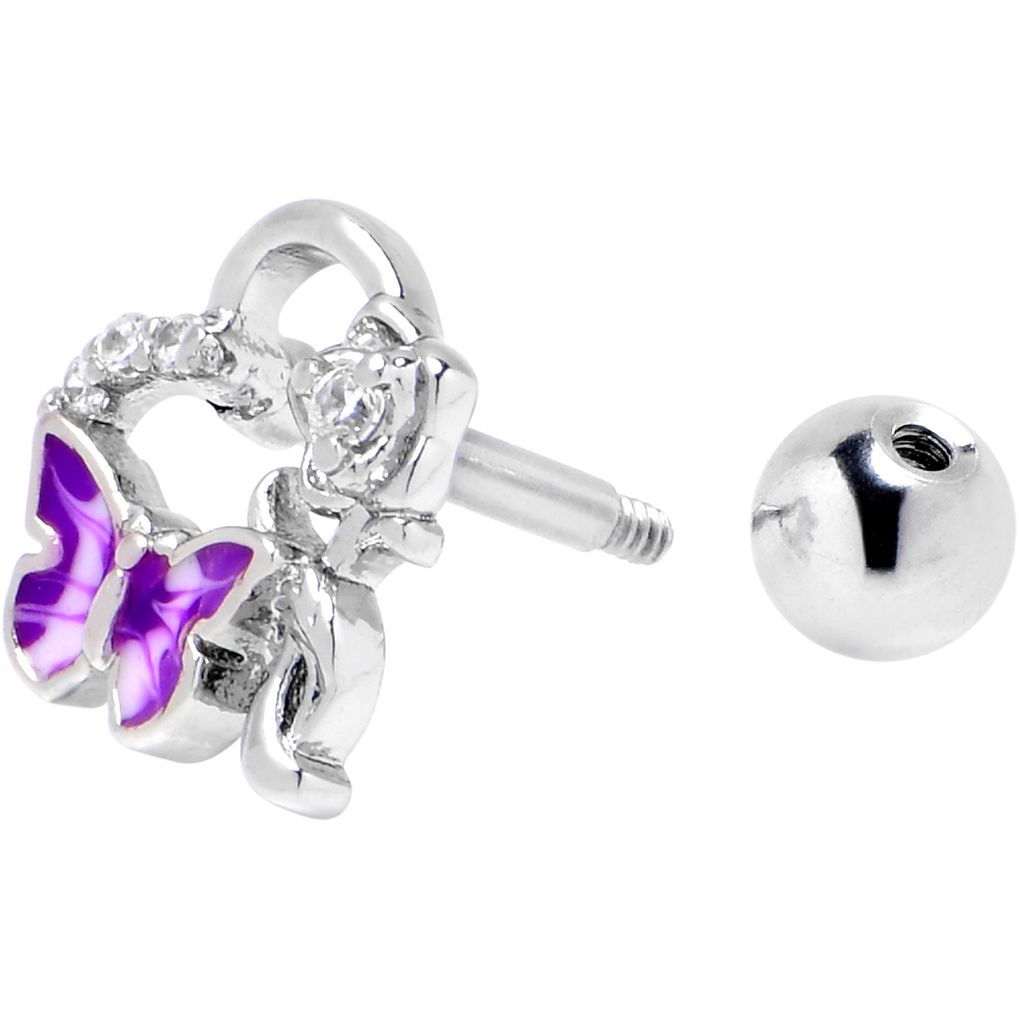 BodyCandy 16G 1/4 Clear CZ Gem Butterfly Flower Purple Cartilage Earring — side view